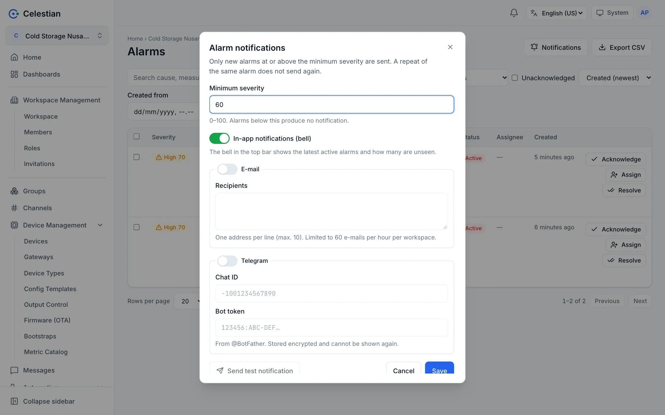 The alarm notification settings dialog: in-app, e-mail, and Telegram.