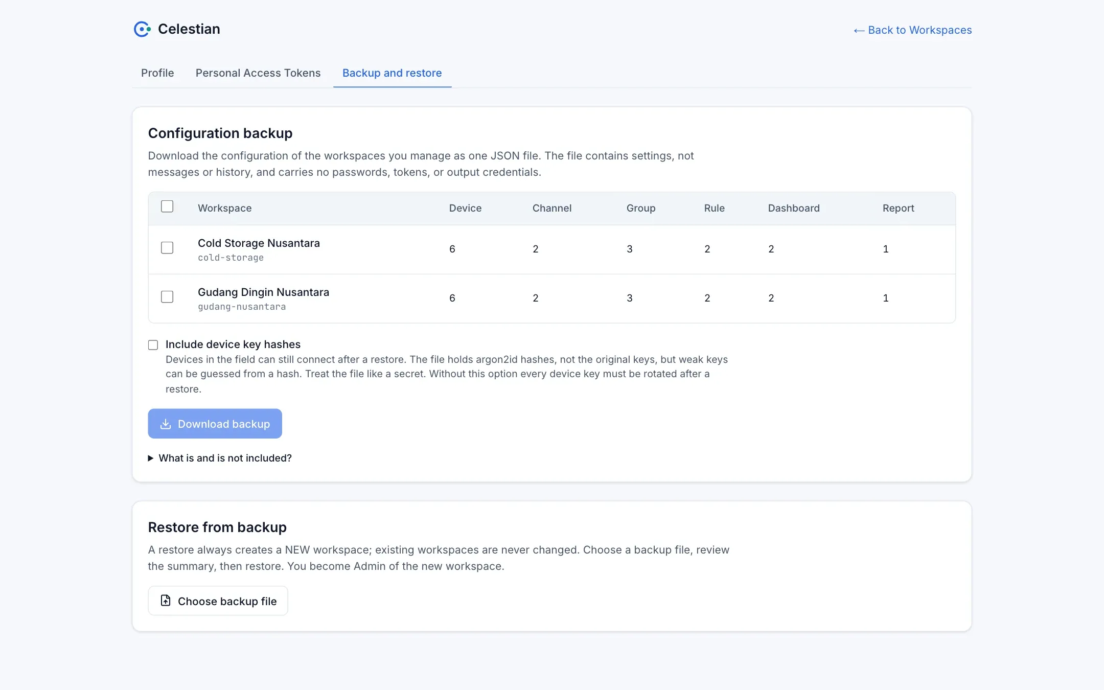 The Backup and restore page in Profile.