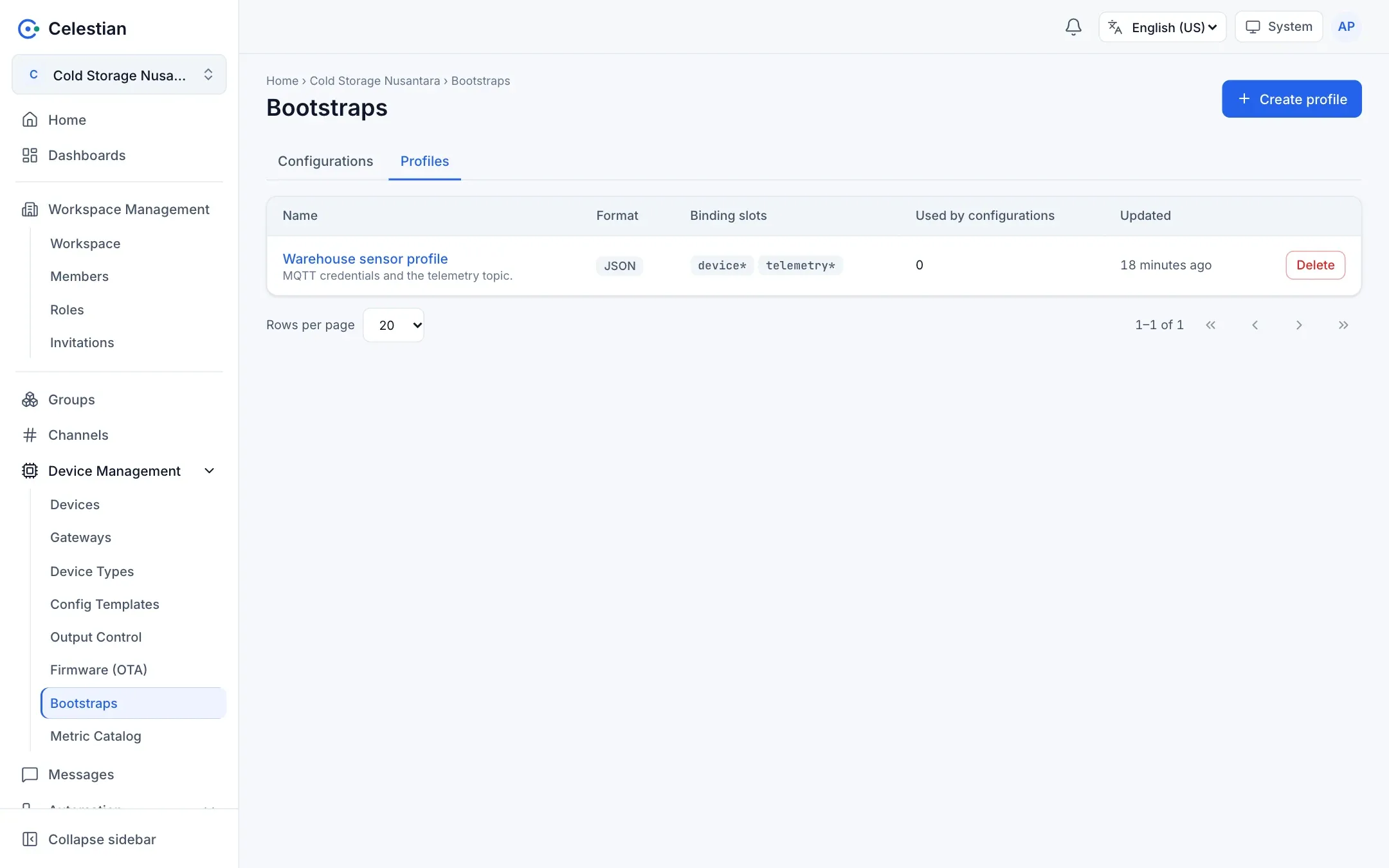 The Profiles tab with the bootstrap configuration templates.