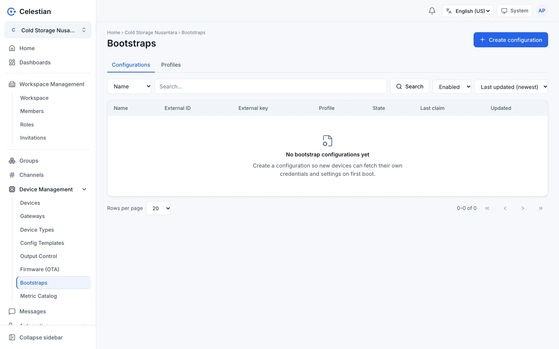 The Bootstraps page with the Configurations and Profiles tabs.