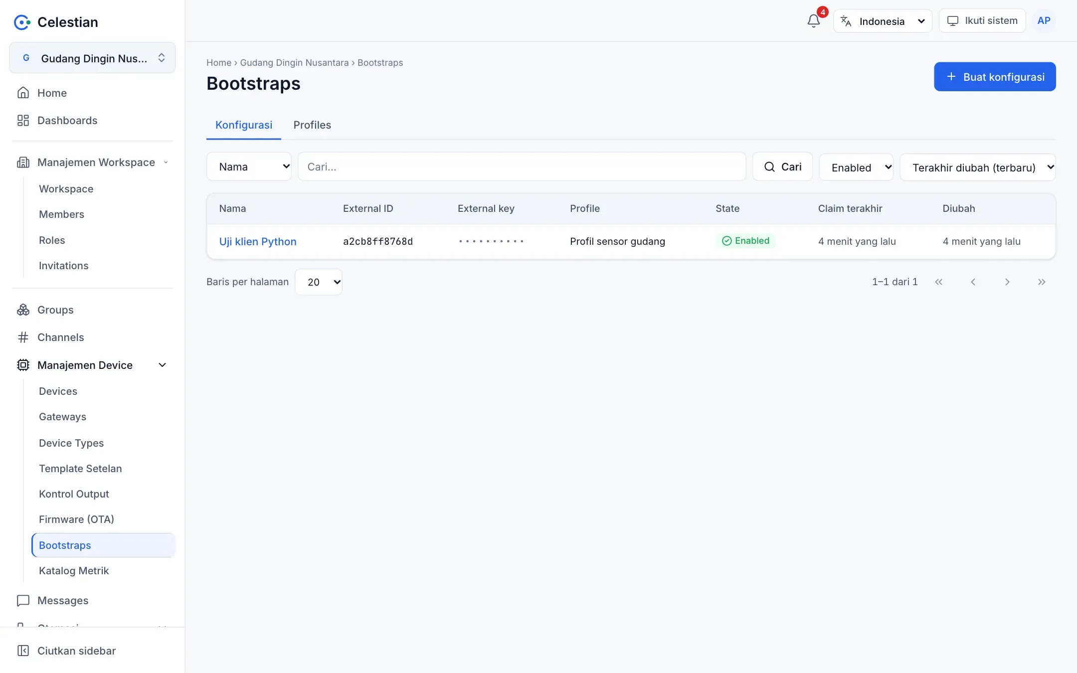 Halaman Bootstraps dengan tab Konfigurasi dan Profiles.