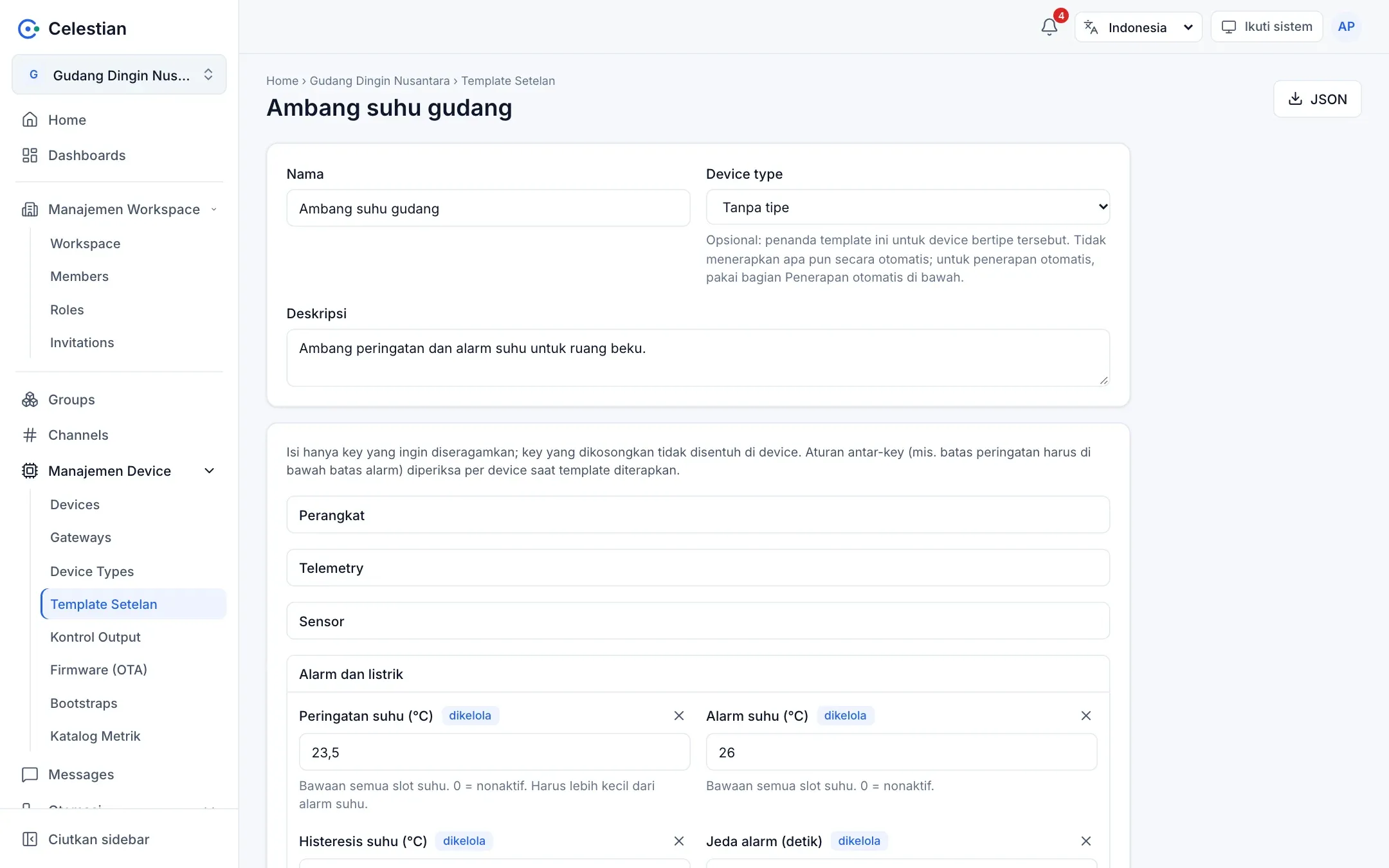 Editor template setelan dengan form yang sama dengan tab Setelan perangkat.