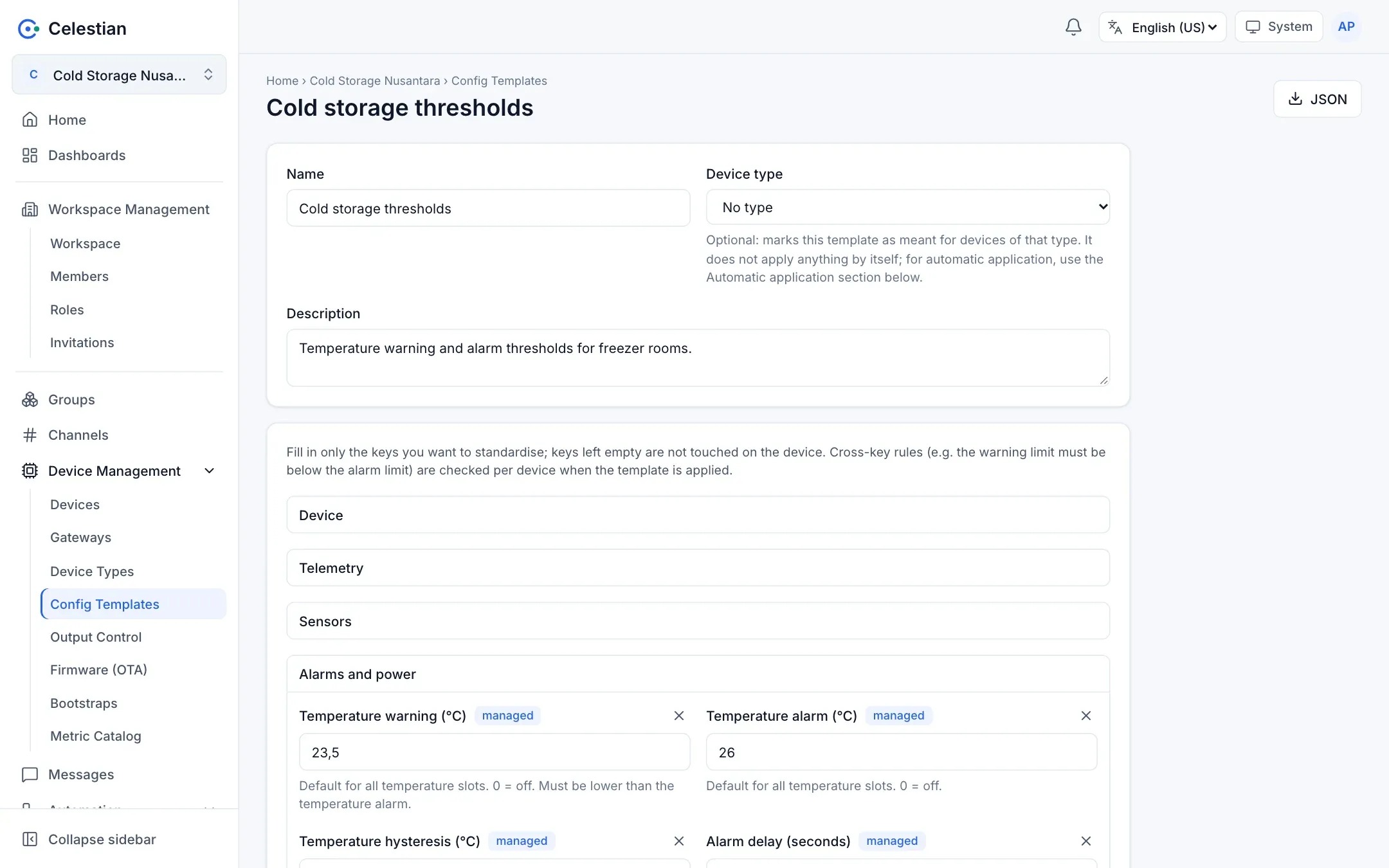 The config template editor with the same form as the Device settings tab.