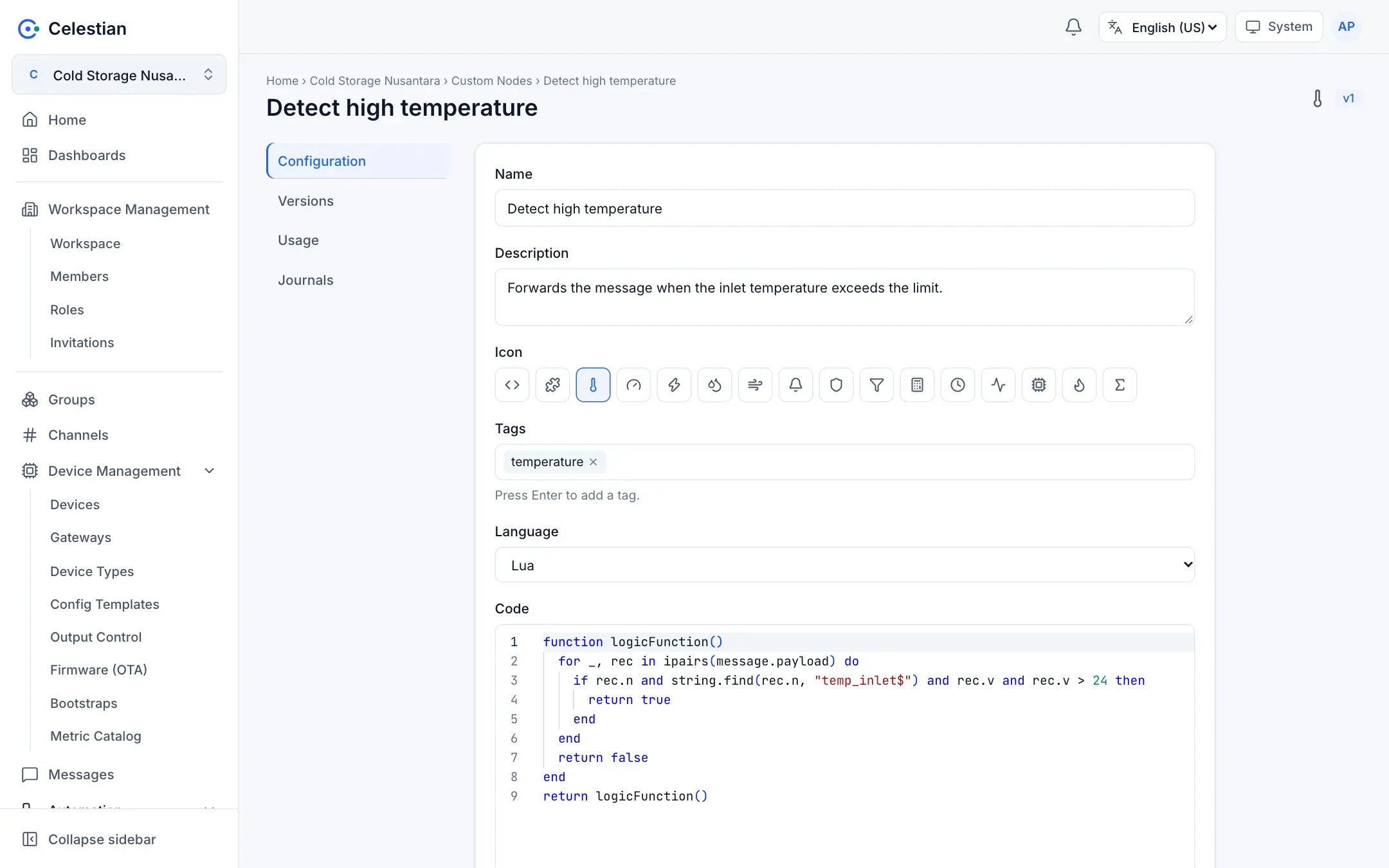 The custom node detail with the code editor and the Versions, Usage, and Journals tabs.