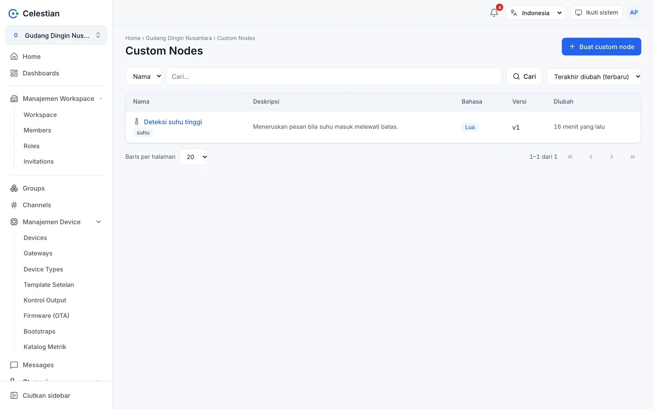 Daftar custom node berisi nama, bahasa, versi, dan tag.