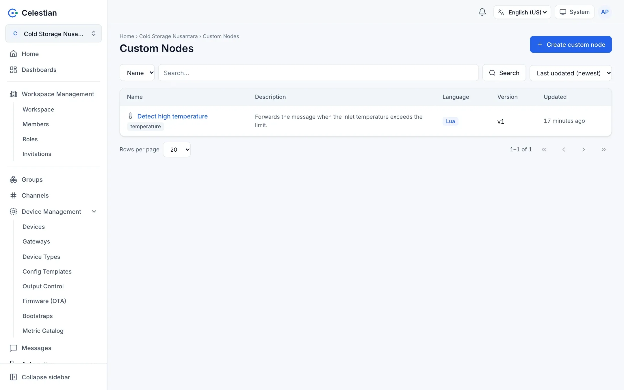 The custom node list with name, language, version, and tags.