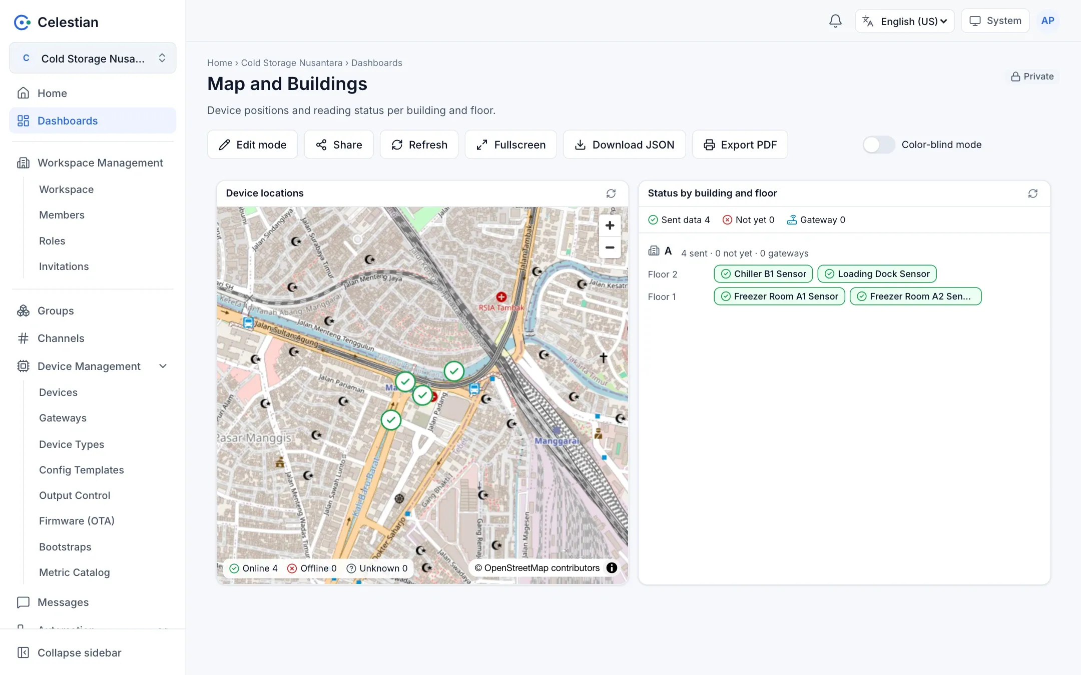 A dashboard with the Map and Building Overview widgets.
