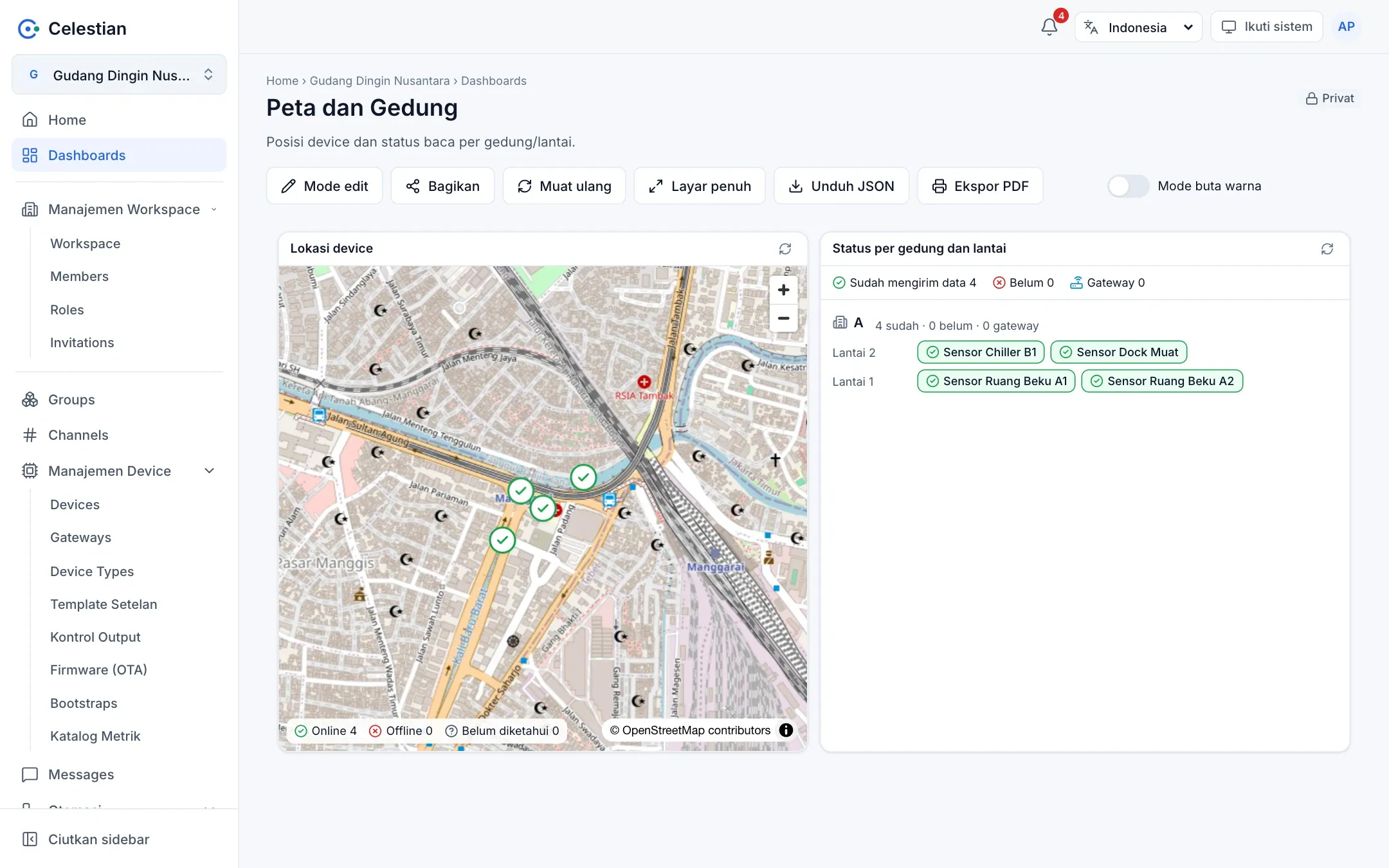 Dashboard berisi widget Peta dan Building Overview.
