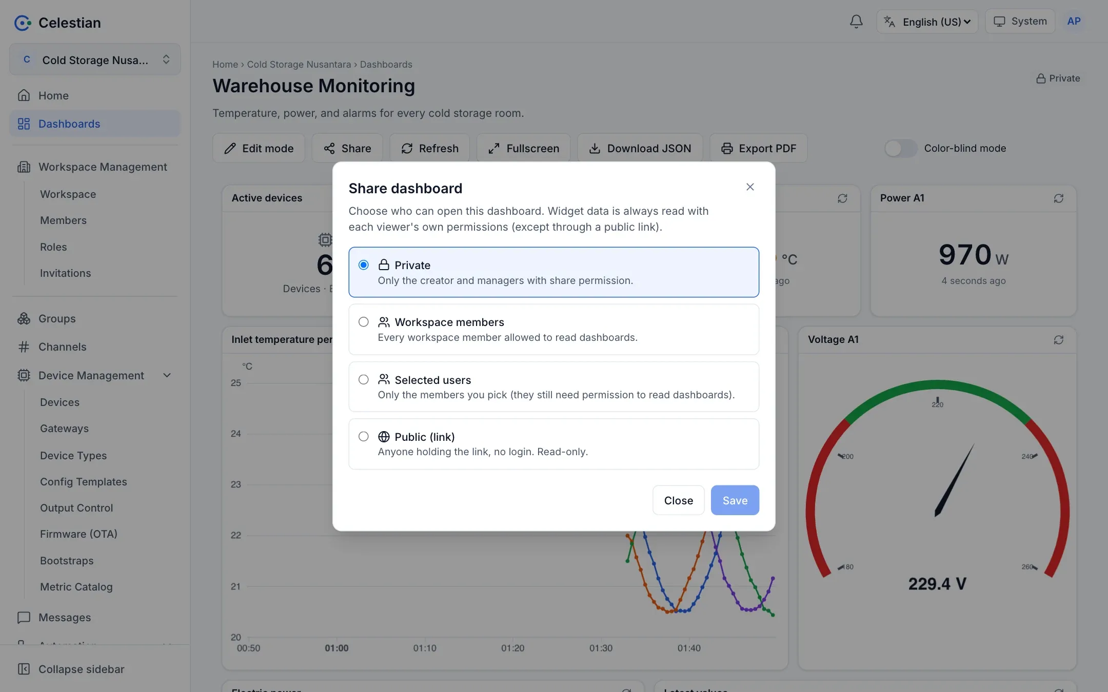 The Share dialog with the Private, Workspace members, Selected users, and Public options.
