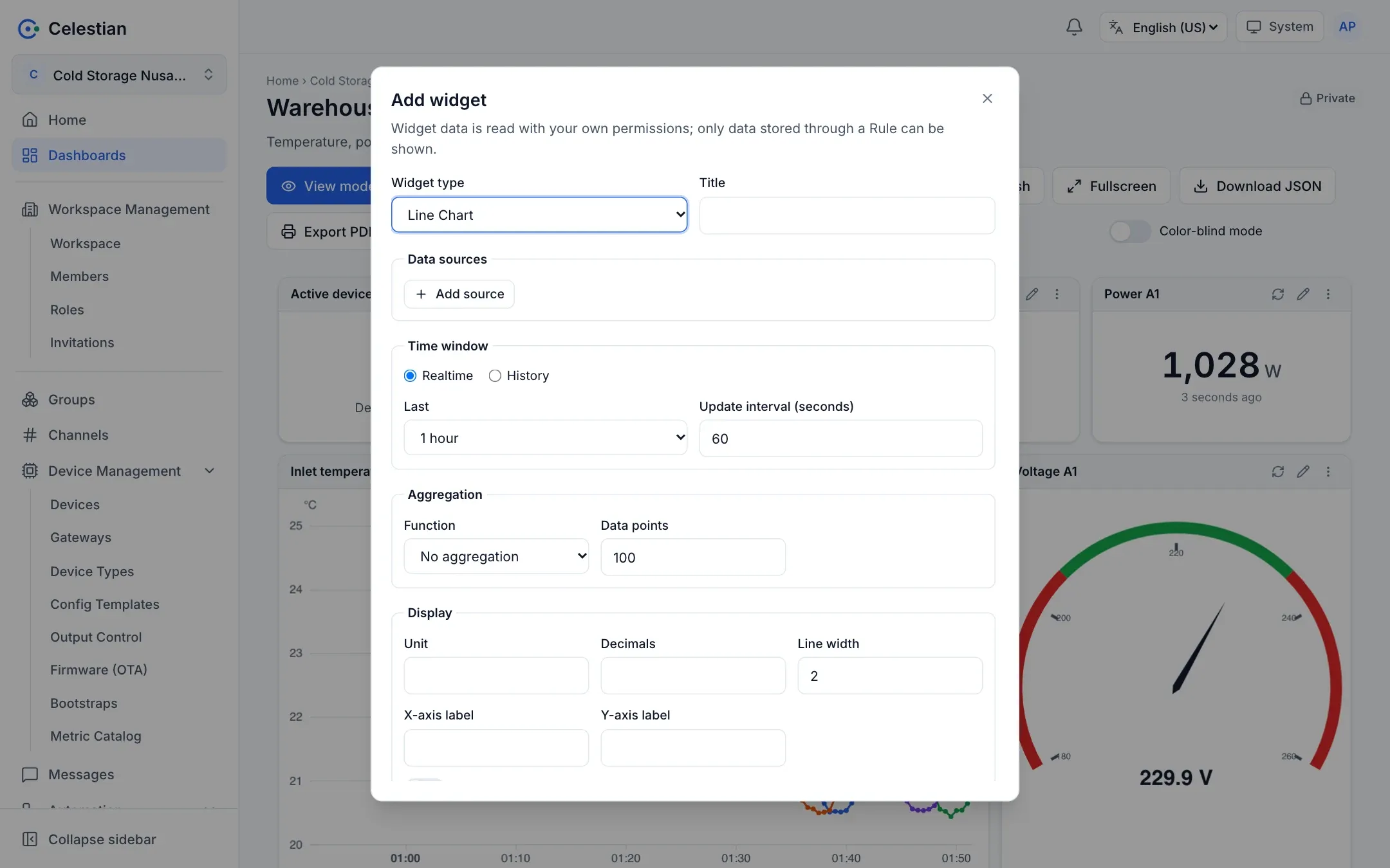 The Add widget dialog with the list of widget types.