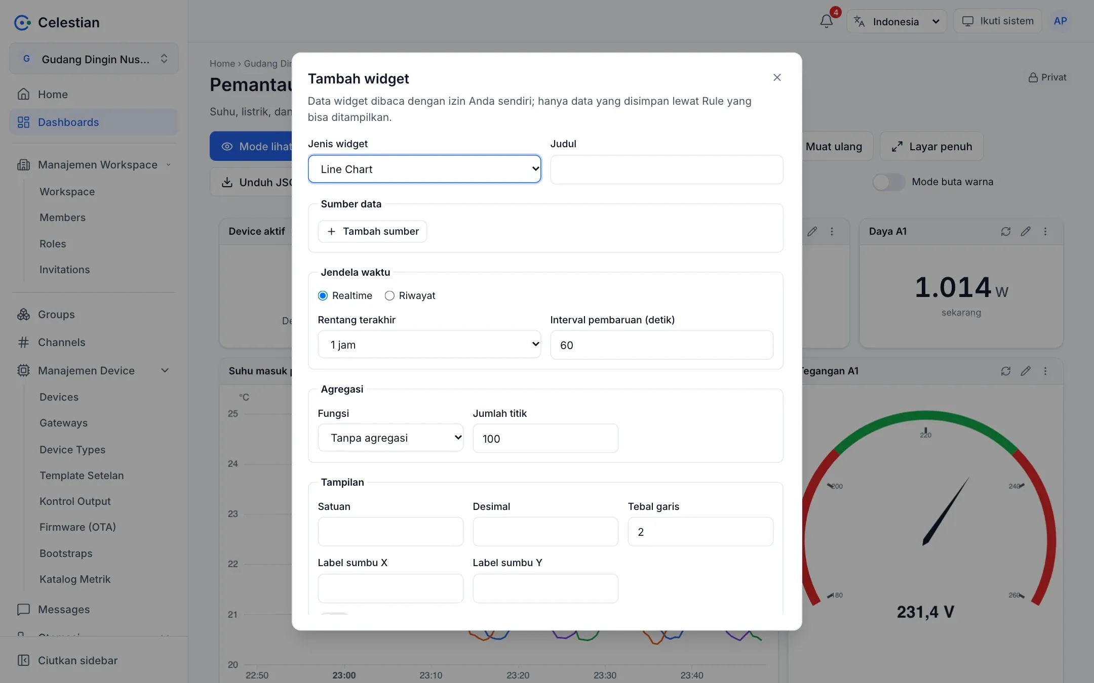 Dialog Tambah widget berisi daftar jenis widget.