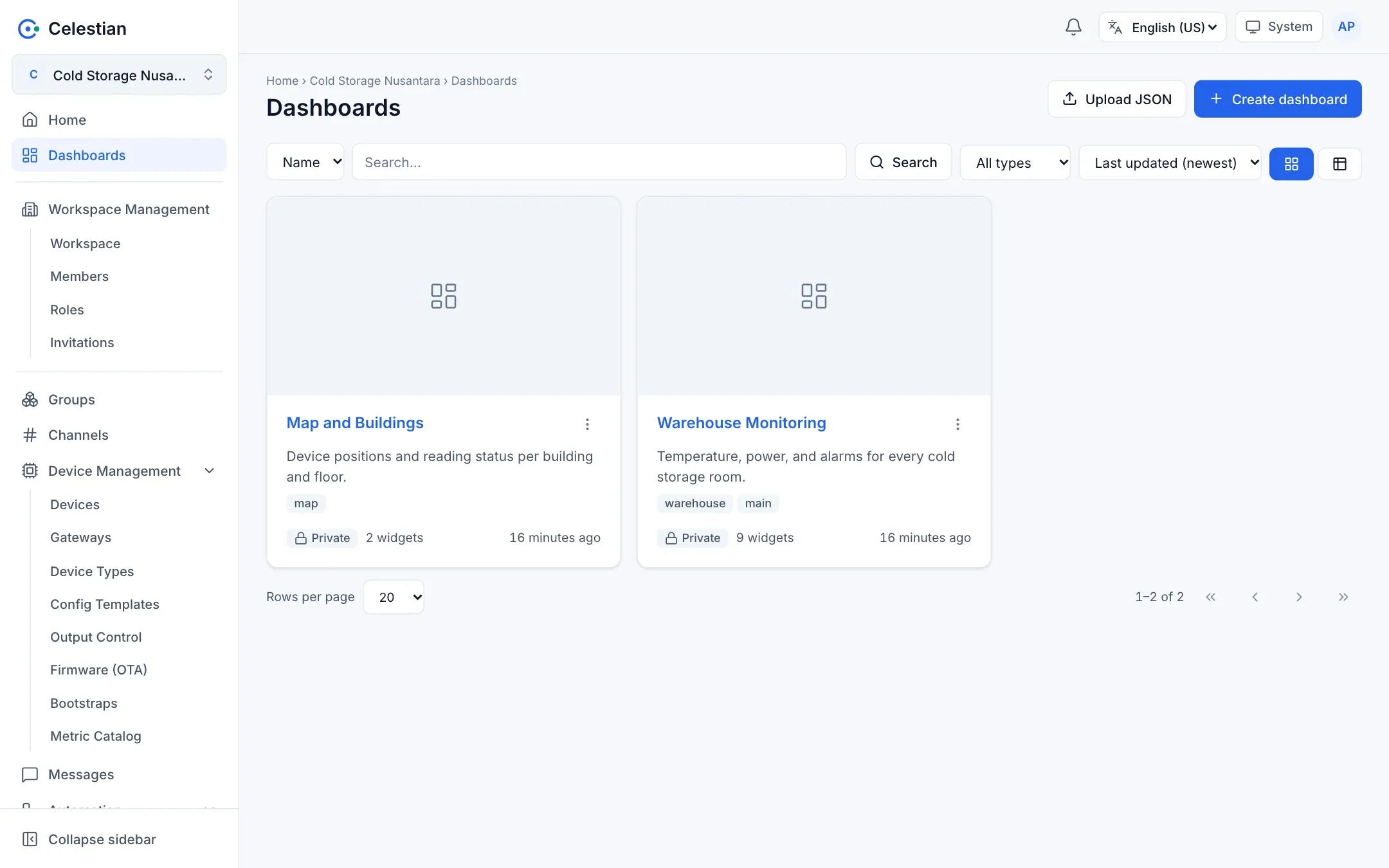 The dashboard list in card view.