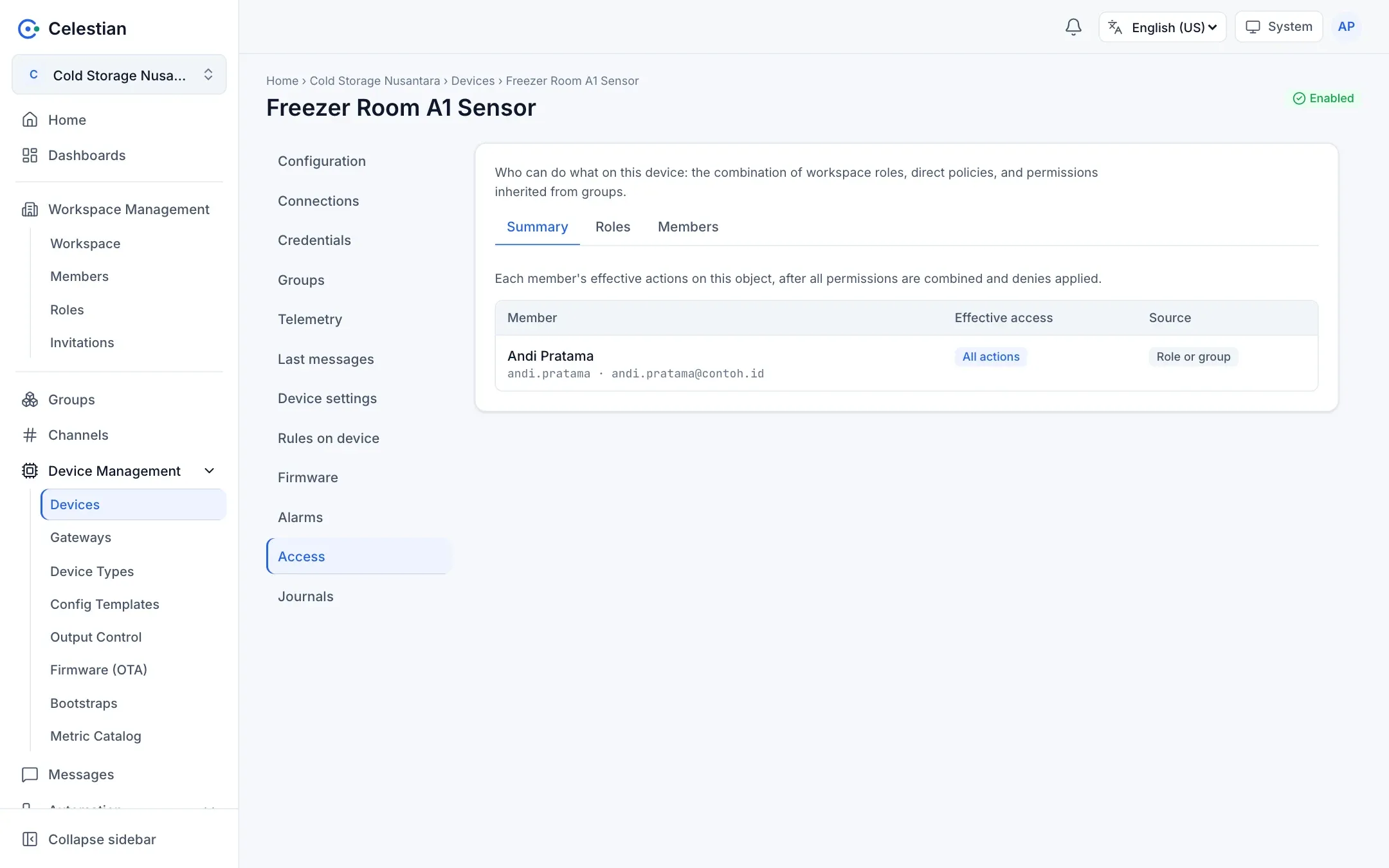 The Access section on a device detail: summary, roles, and members.