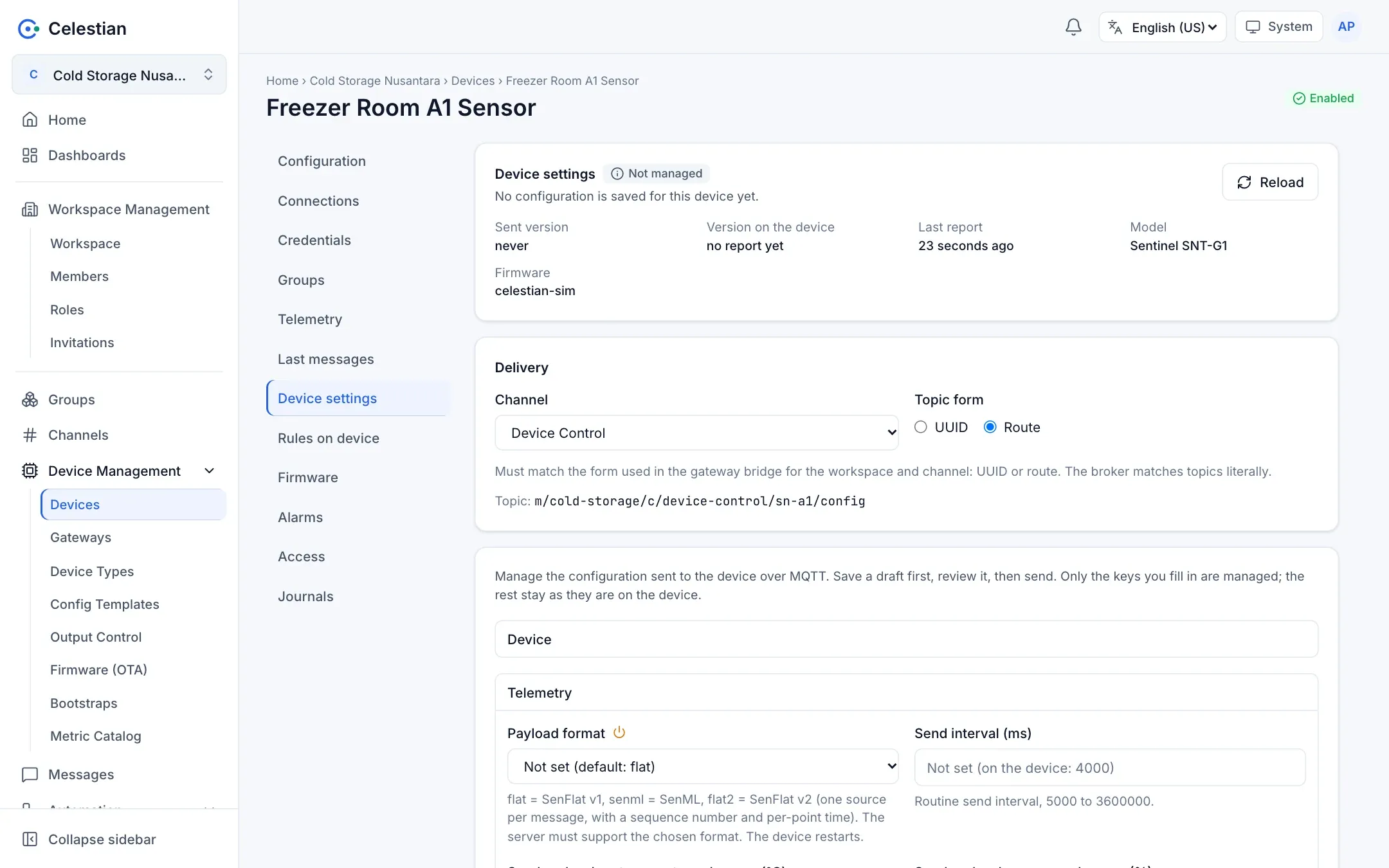 The Device settings tab with a status card, delivery destination, and the settings form.