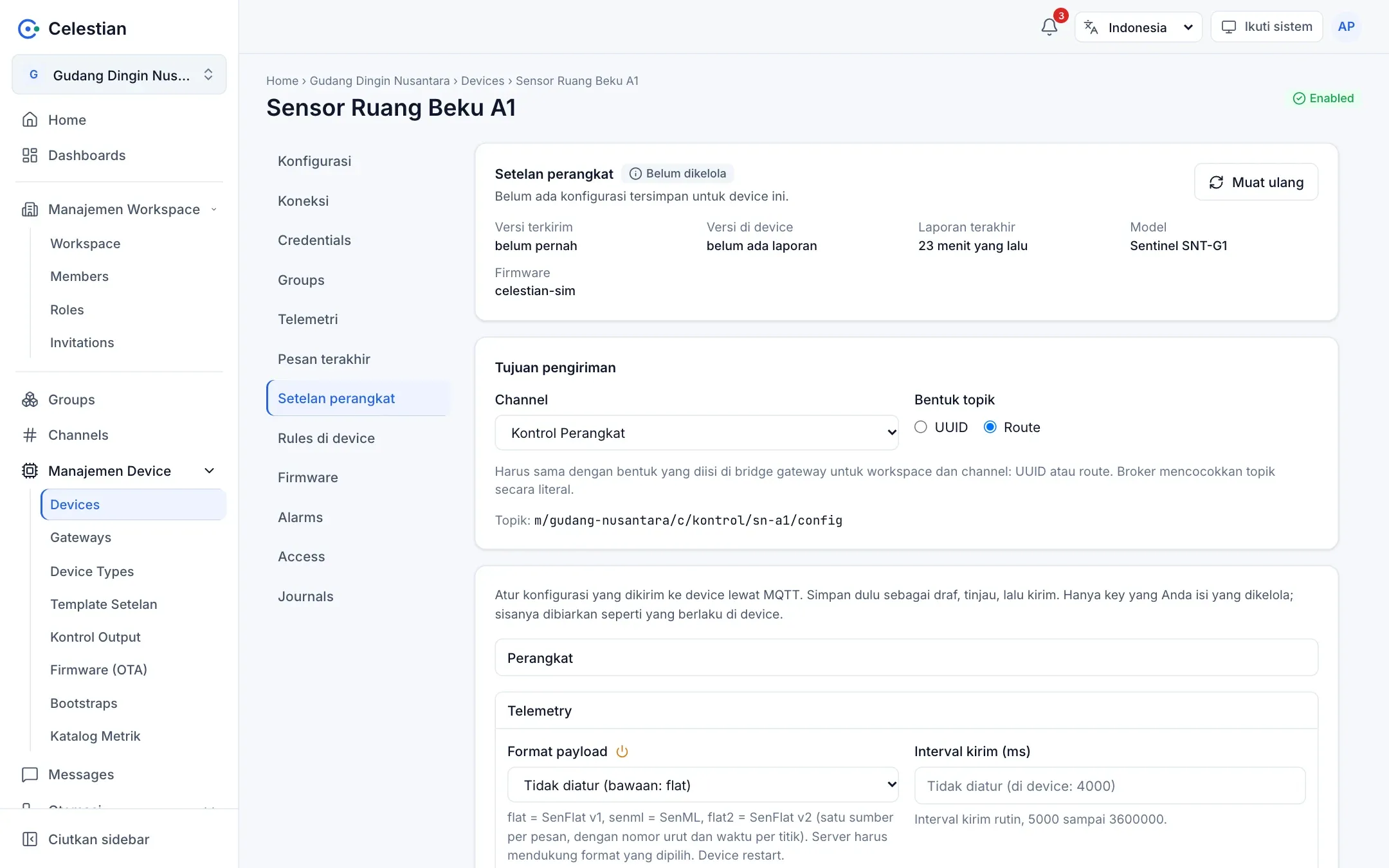 Tab Setelan perangkat berisi kartu status, tujuan kirim, dan form setelan.