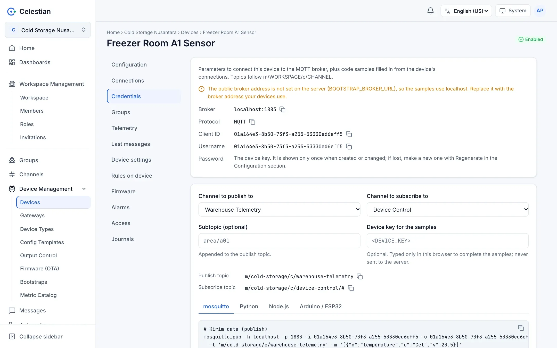 The Credentials tab with MQTT code examples with the ID and topic filled in.