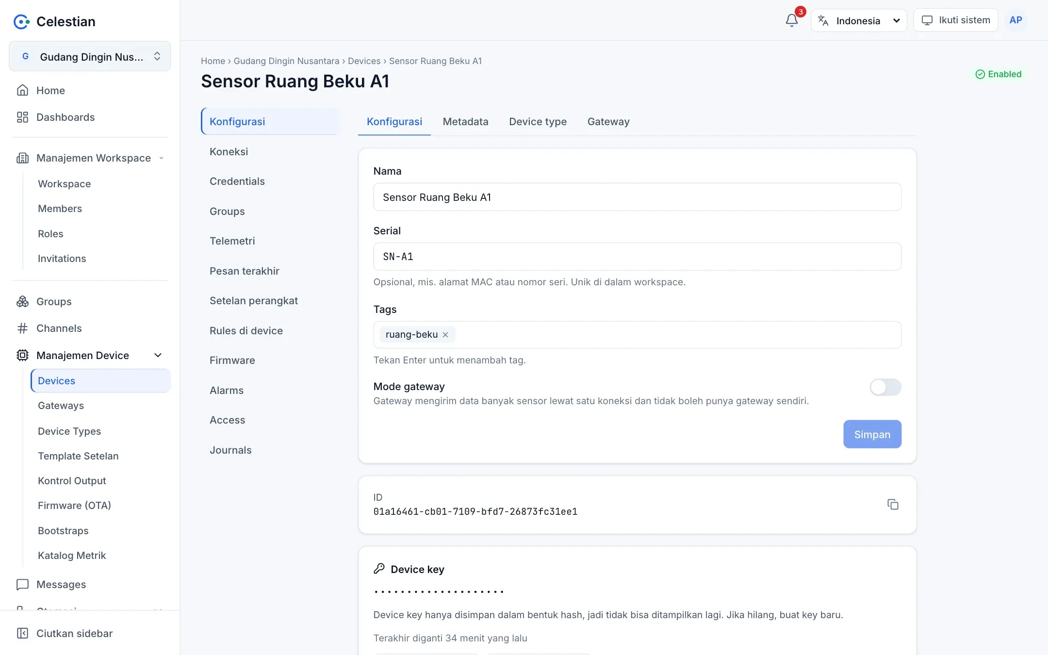 Detail device Sensor Ruang Beku A1 dengan menu samping dan bagian Device key.