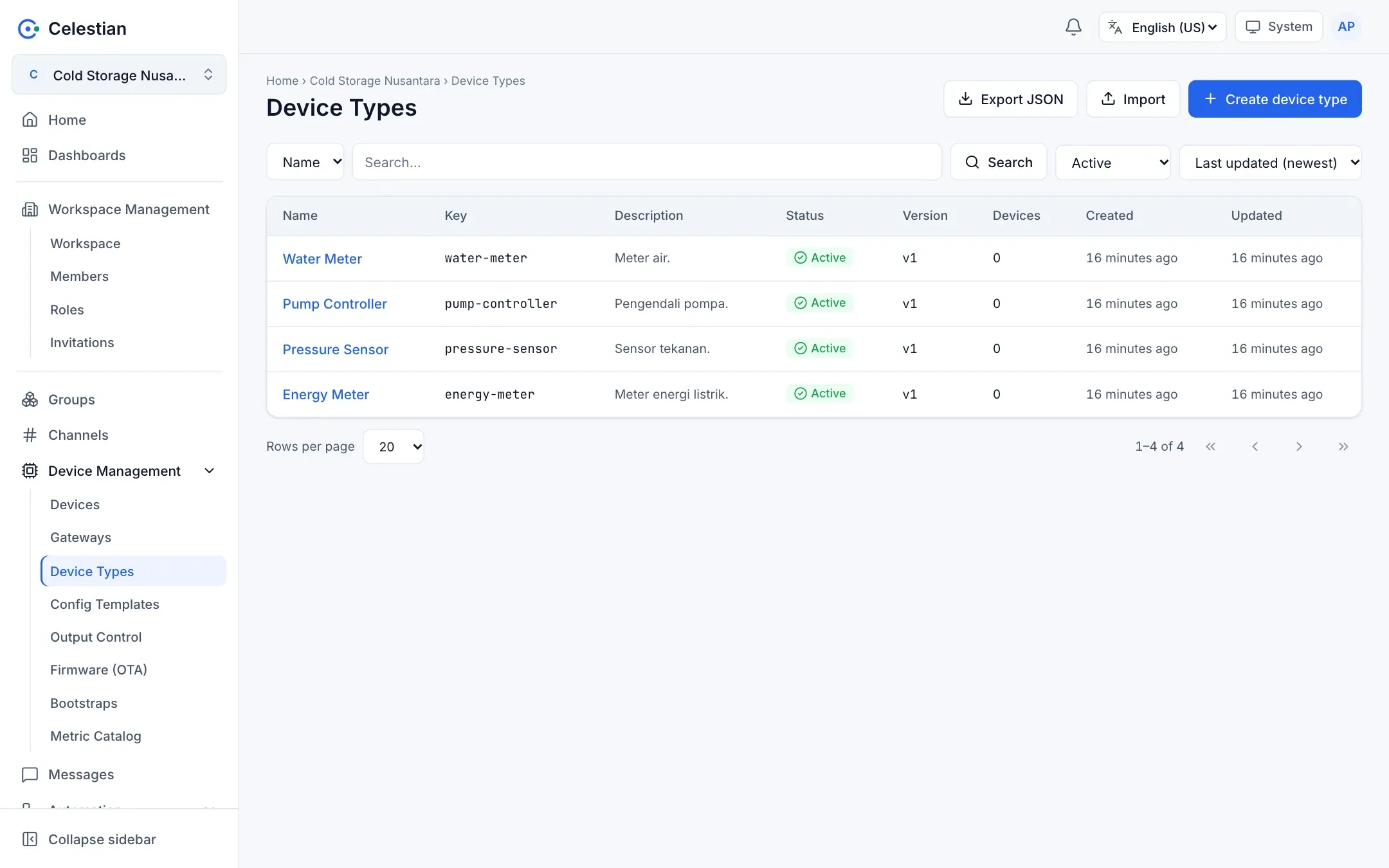 The device type list with Active and Deprecated statuses.