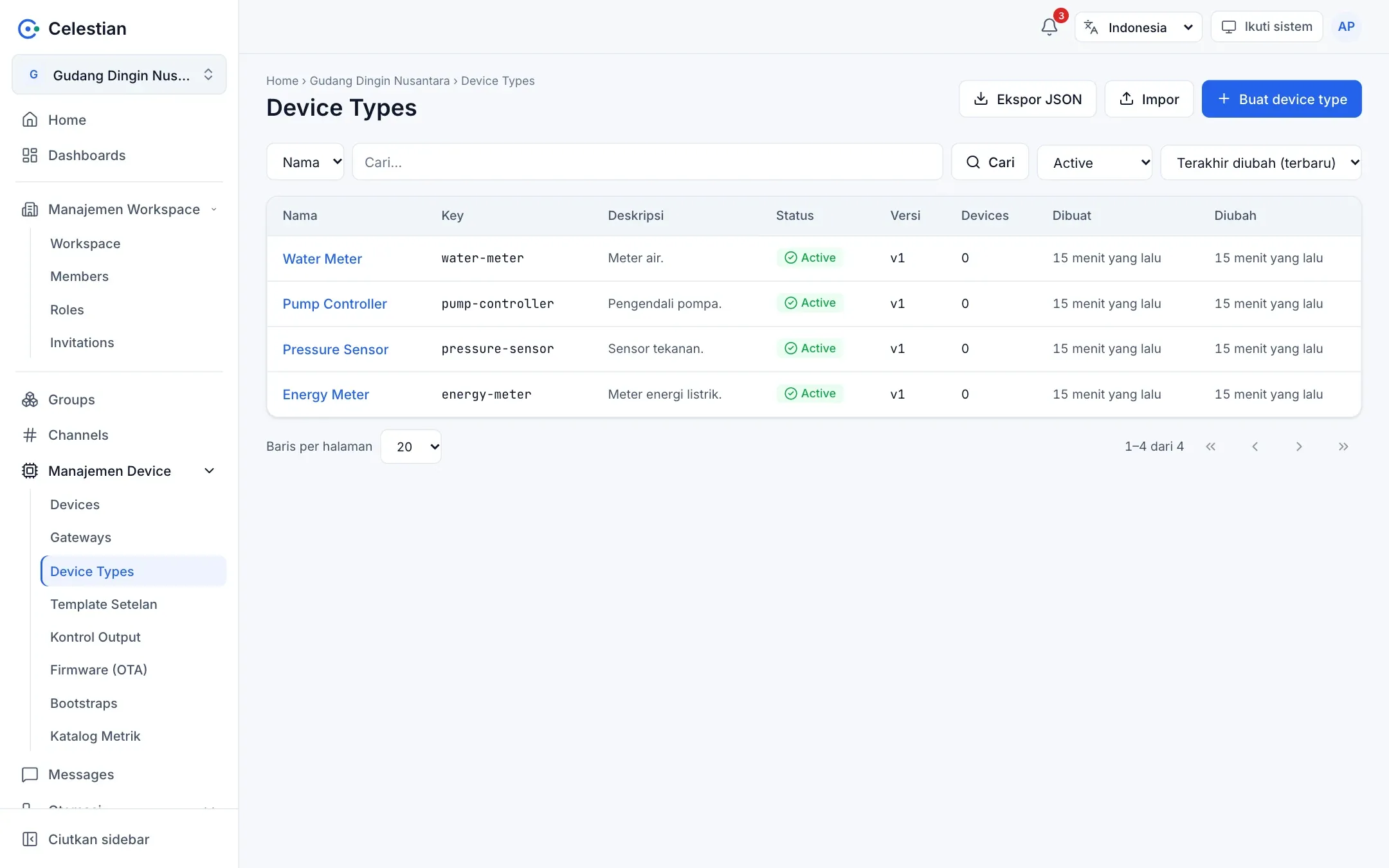 Daftar device type dengan status Active dan Deprecated.