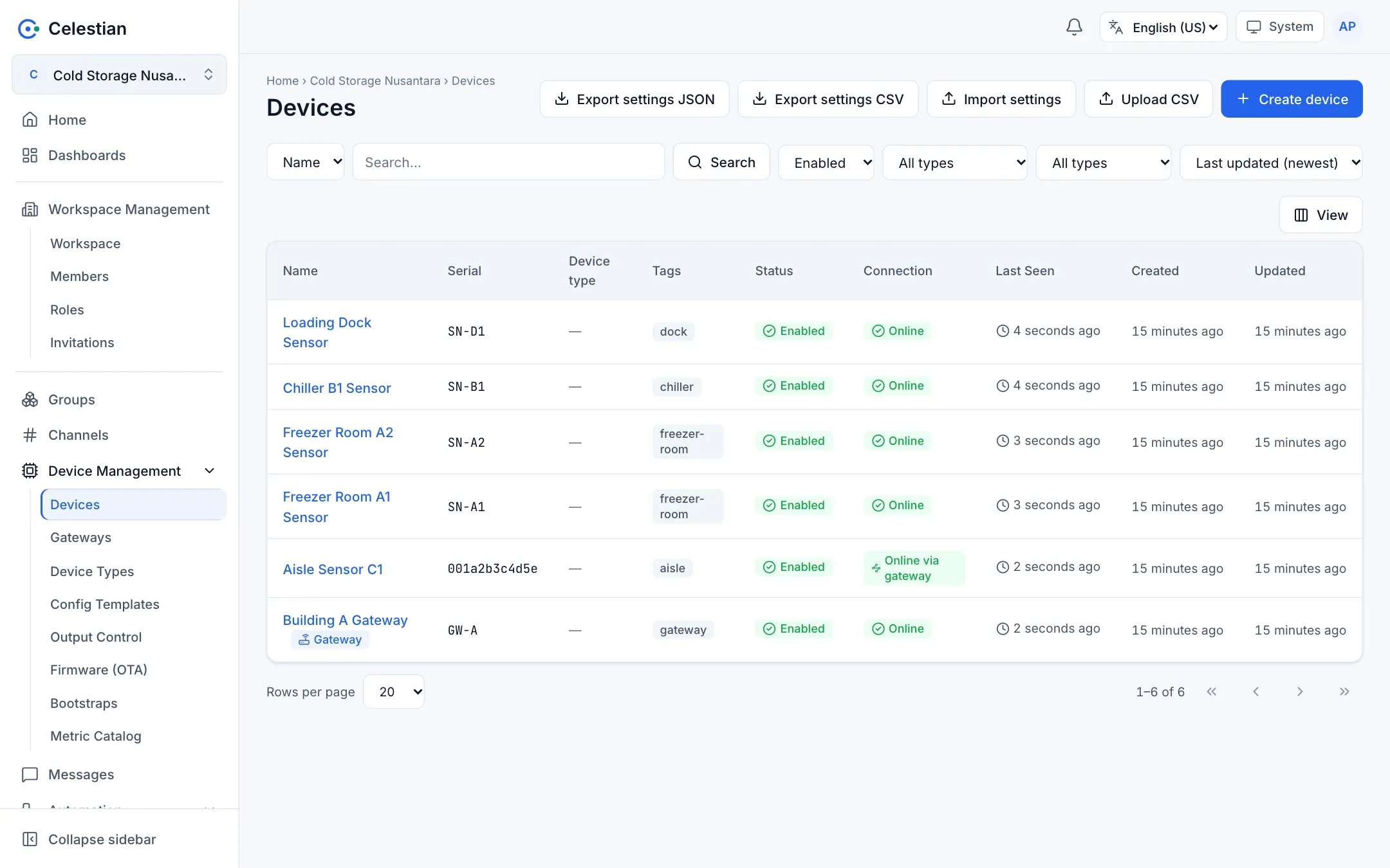 The device list with Serial, Device type, Tags, Status, and Last Seen columns.