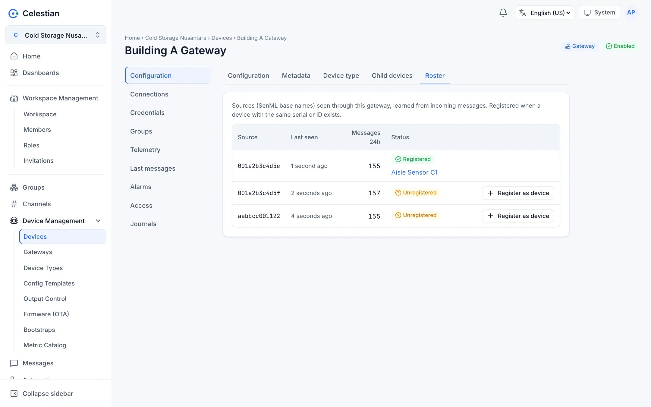 The Roster tab on a gateway: the sources seen and their status.