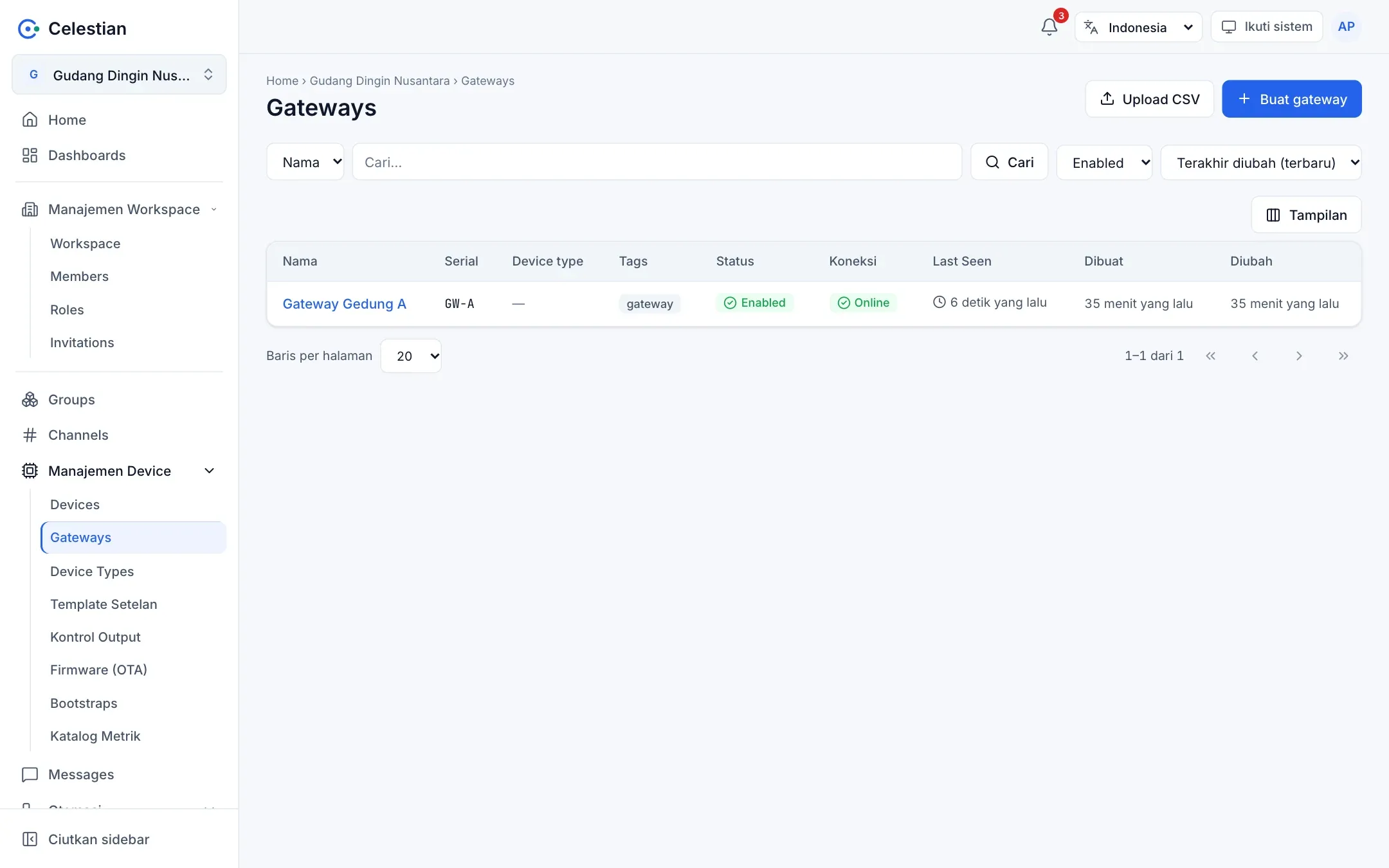 Daftar gateway dengan lencana Gateway dan status koneksi.