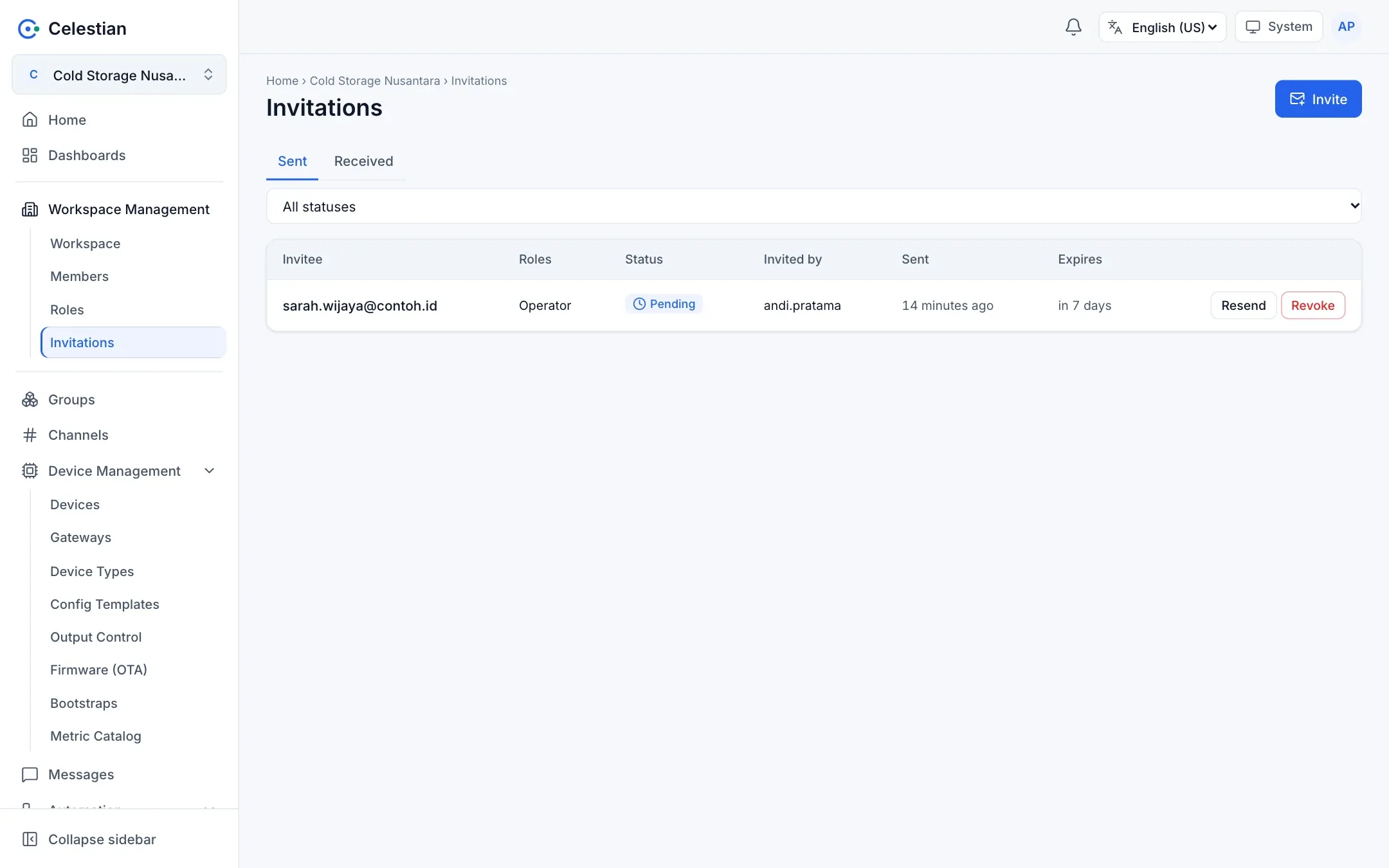 The Invitations page with the Sent and Received tabs.