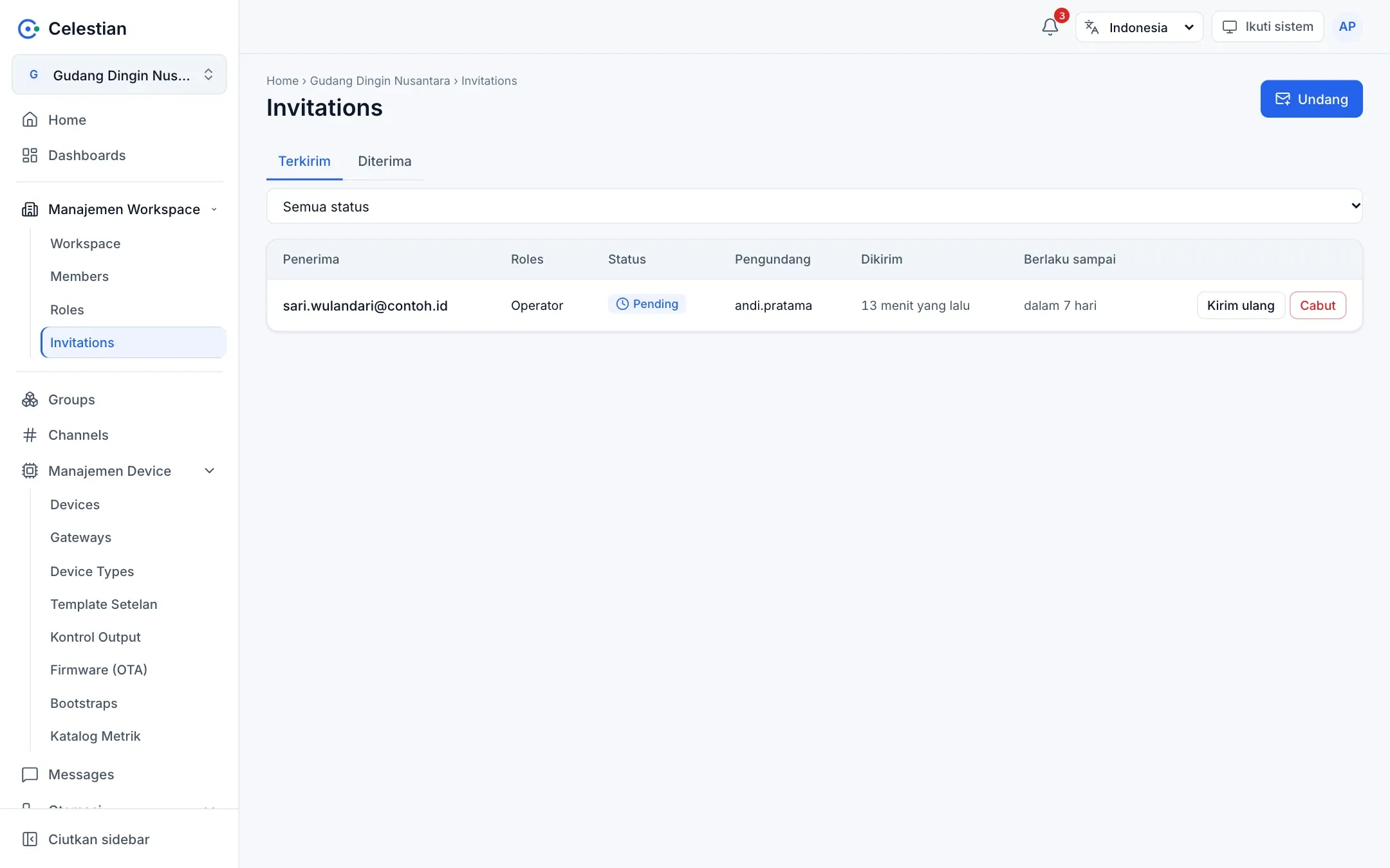 Halaman Invitations dengan tab Terkirim dan Diterima.