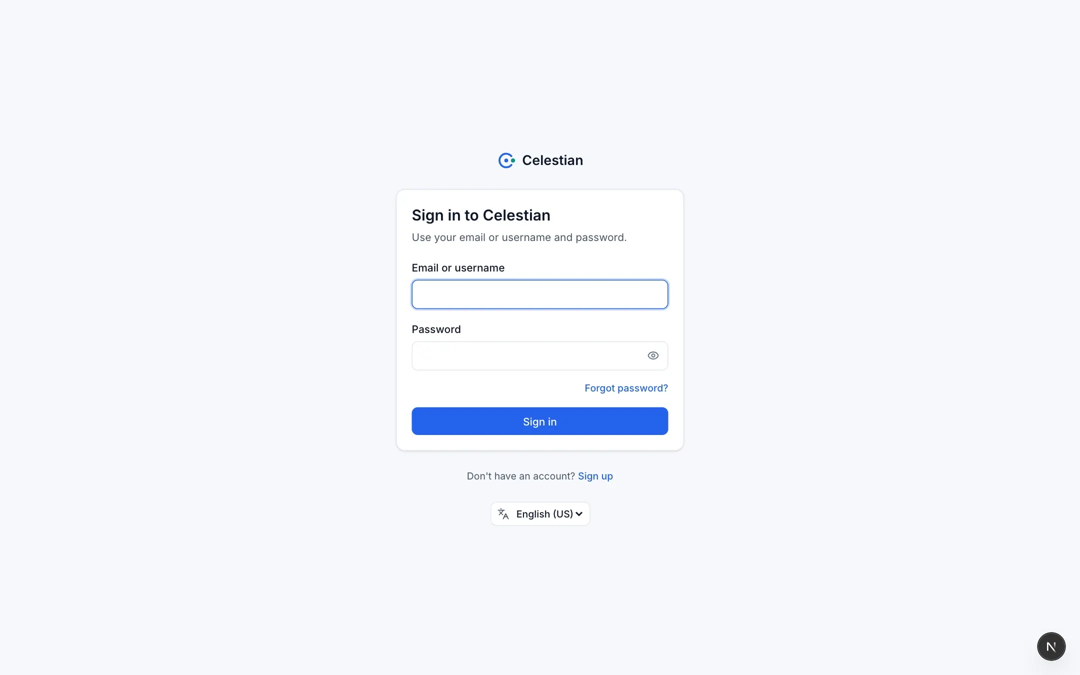 The Celestian sign-in page.