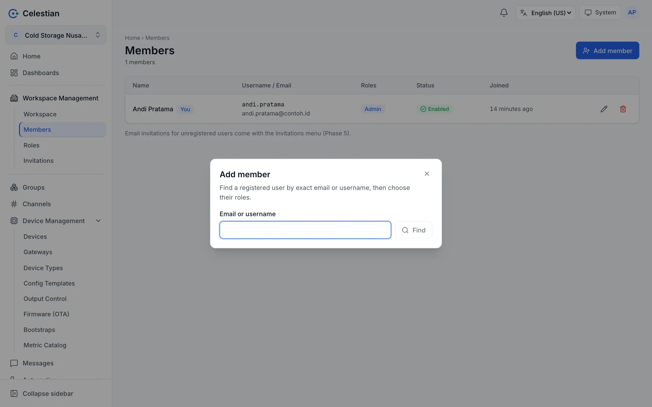 The Add member dialog: search by e-mail or username, then pick roles.