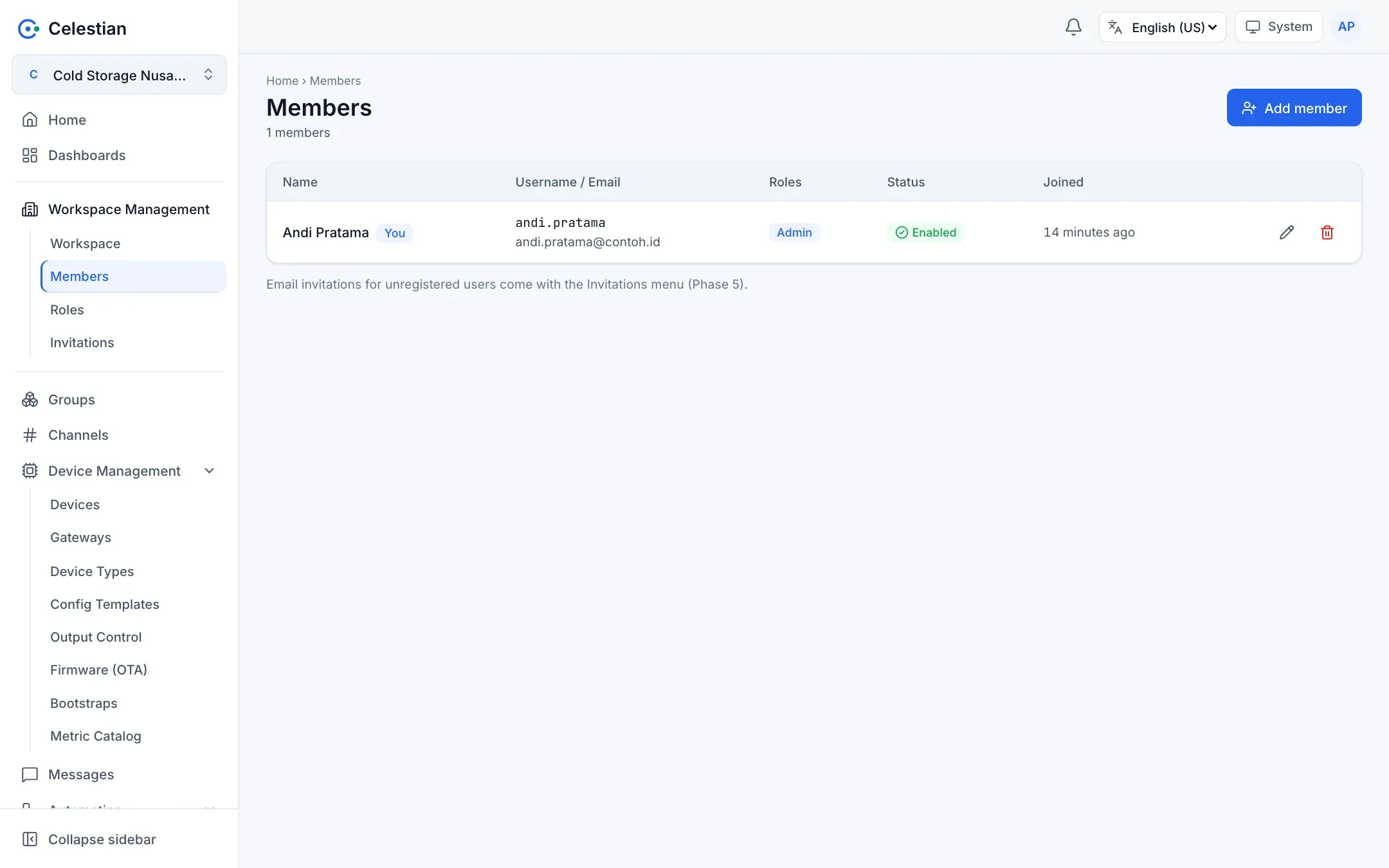 The workspace member list with roles and status.