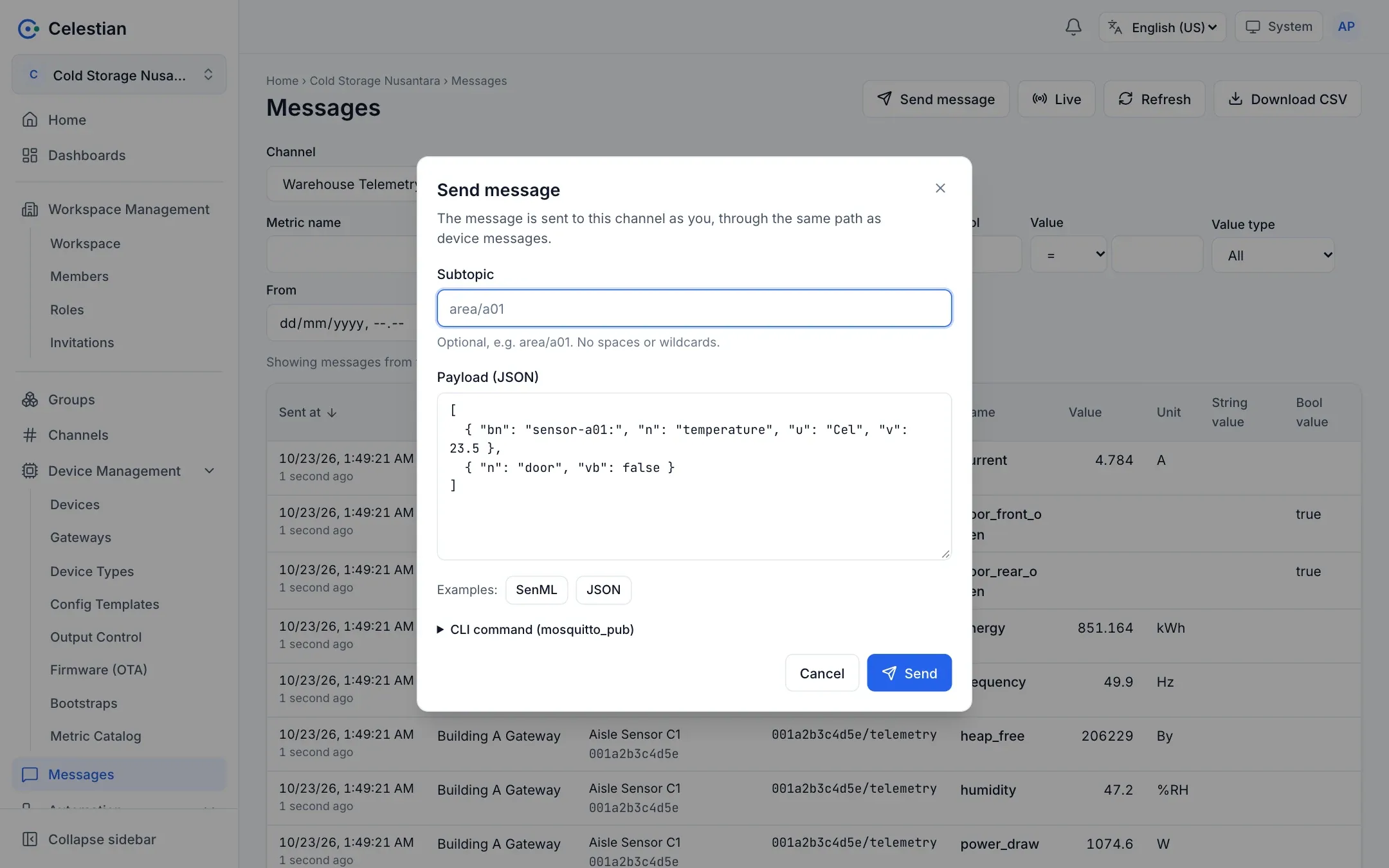 The Send message dialog with a subtopic, payload, and an example command.