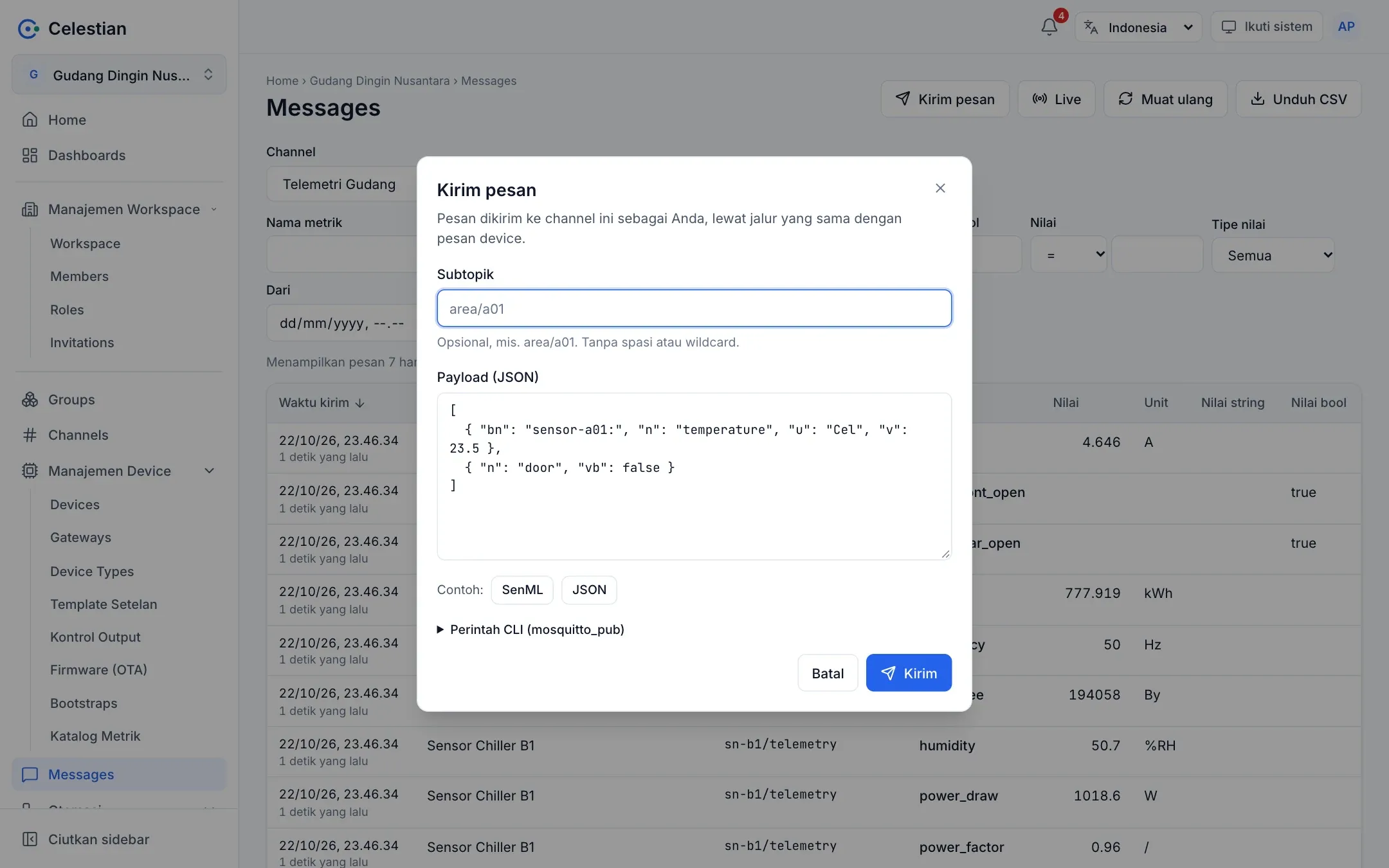Dialog Kirim pesan dengan subtopik, payload, dan contoh perintah.