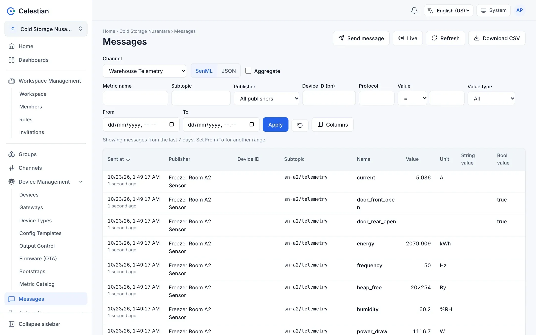 The Messages page with a channel picker, SenML and JSON tabs, filters, and the message table.