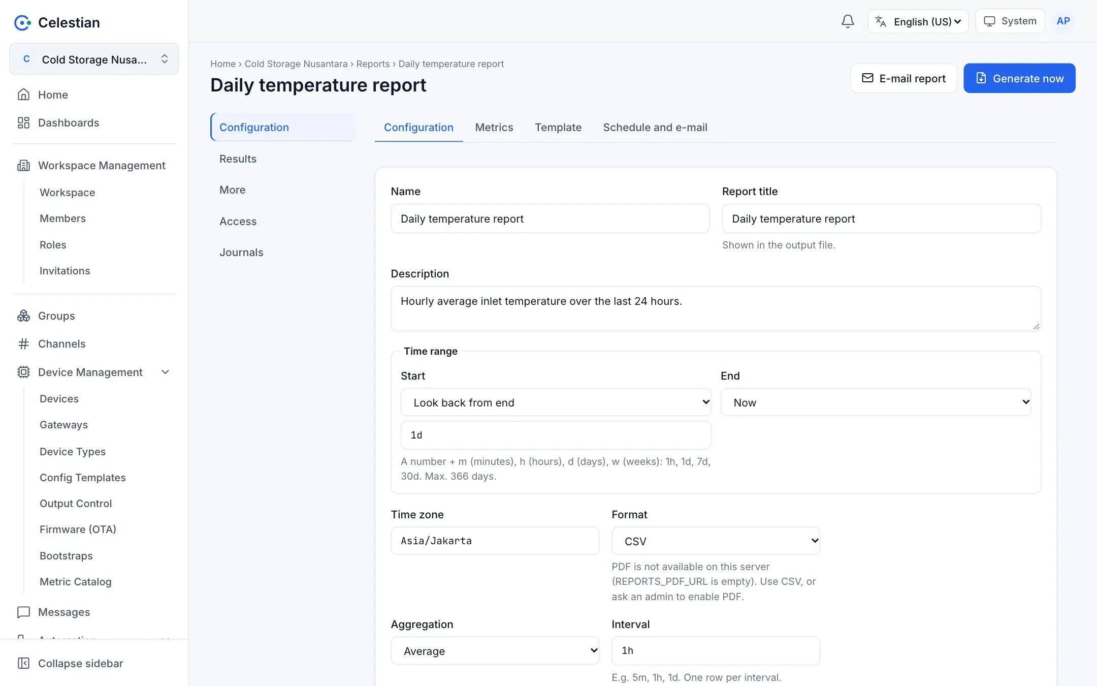 The report editor: the Configuration, Metrics, Template, and Schedule and e-mail tabs with the E-mail report and Generate now buttons.