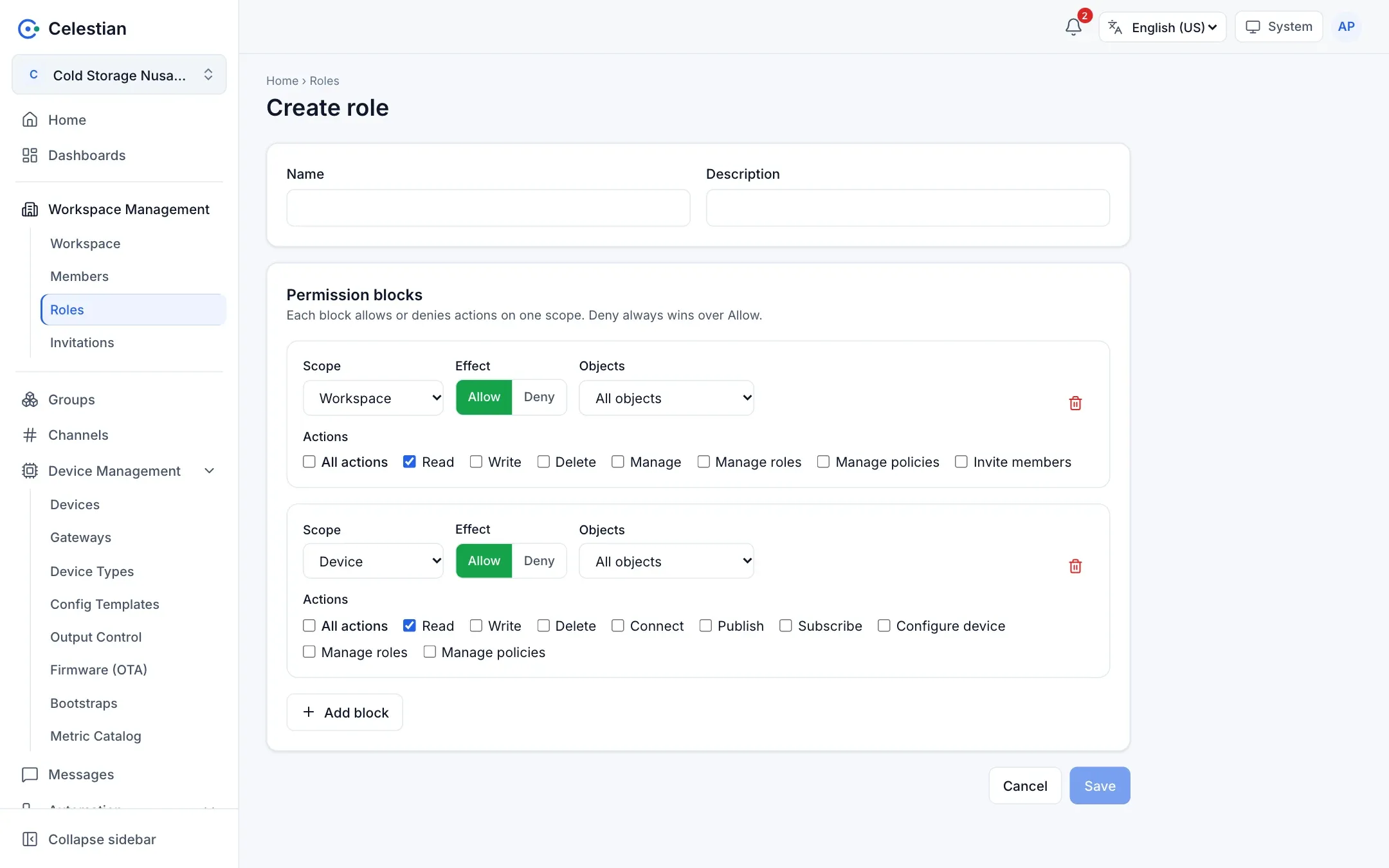 The Create role page with a list of permission blocks.