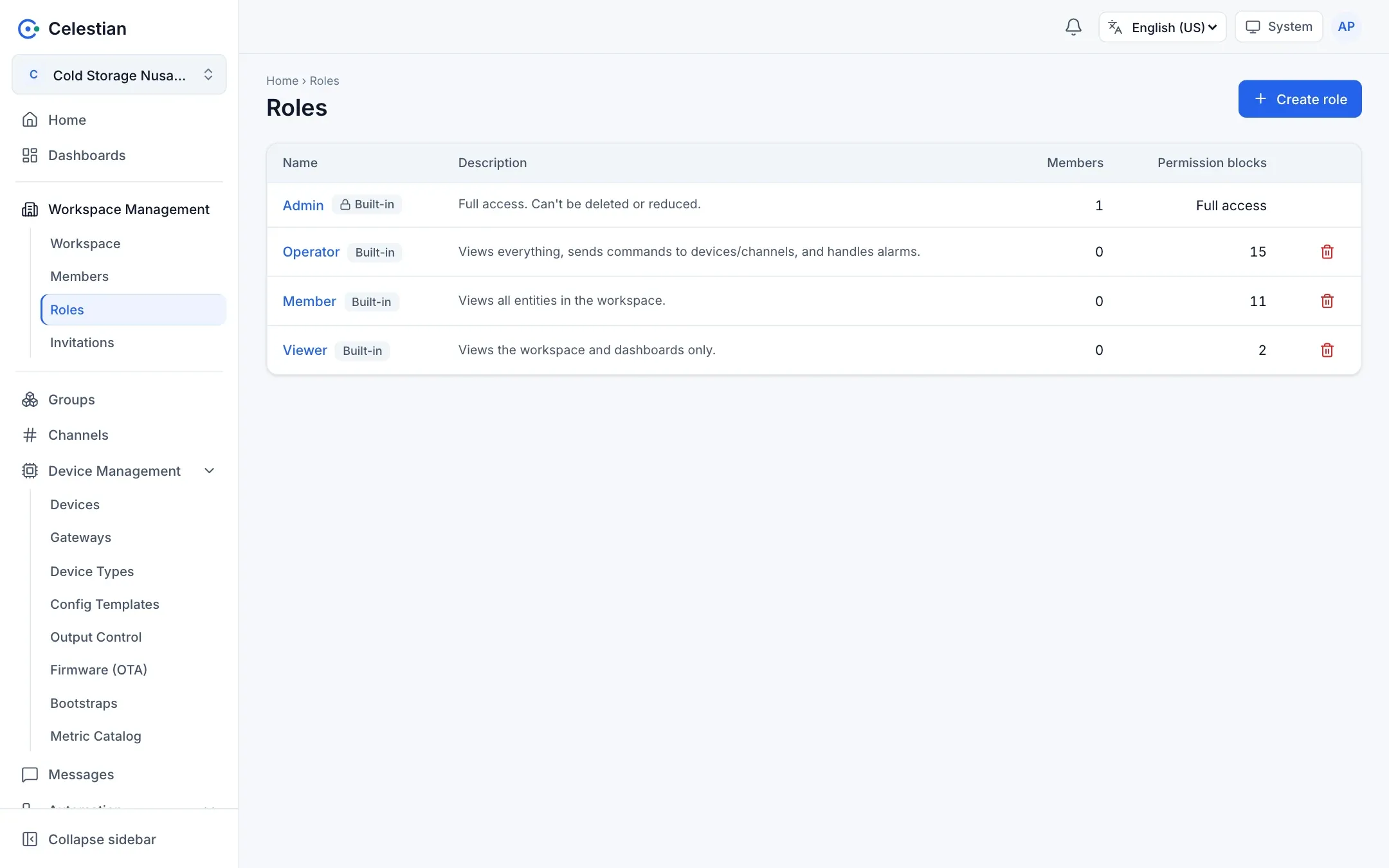 The list of built-in and custom roles with member and permission block counts.