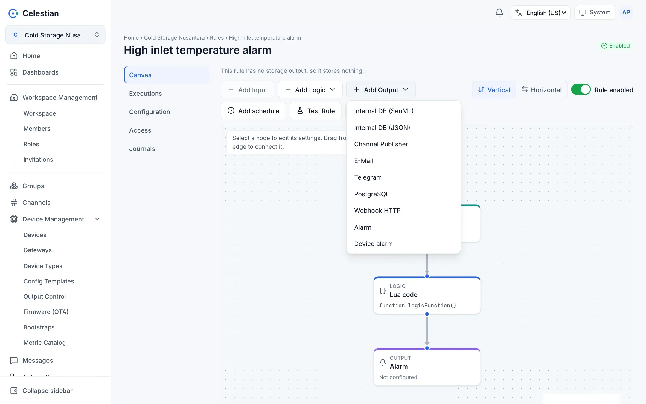 The Add Output menu with Internal DB, Channel Publisher, E-Mail, Telegram, PostgreSQL, Webhook HTTP, Alarm, and Device alarm.