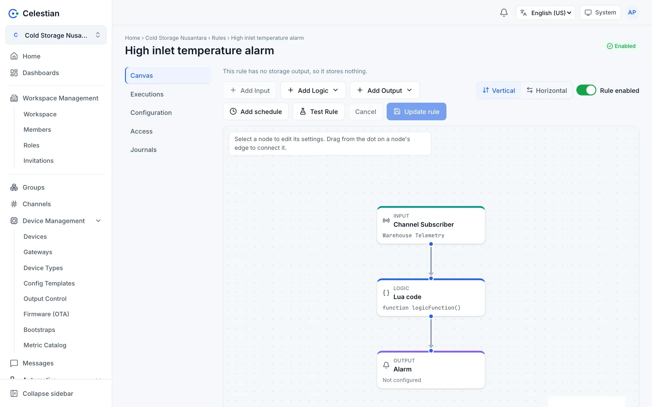 The rule editor with Channel Subscriber, Lua, and Alarm nodes connected.