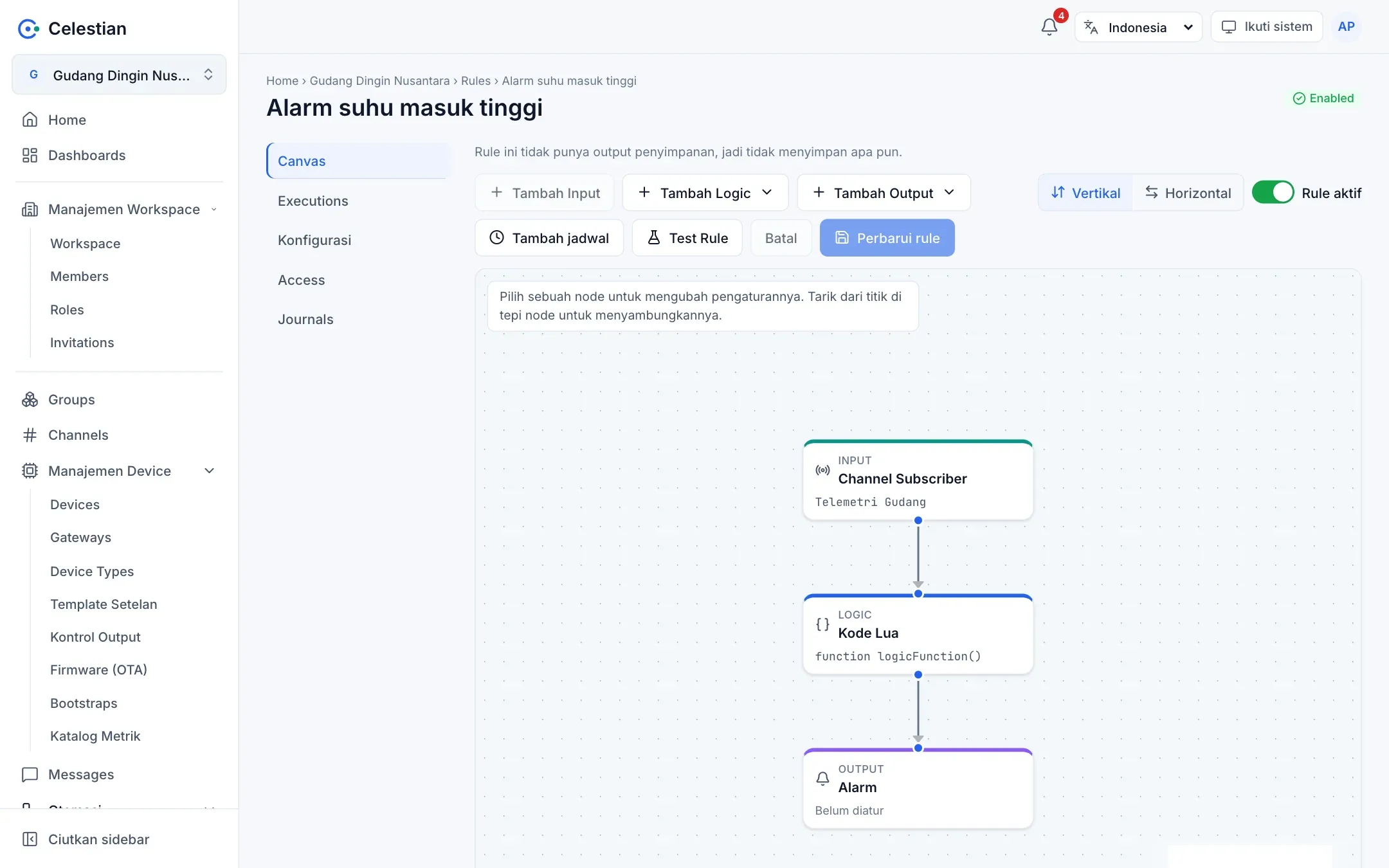 Editor rule dengan node Channel Subscriber, Lua, dan Alarm tersambung.