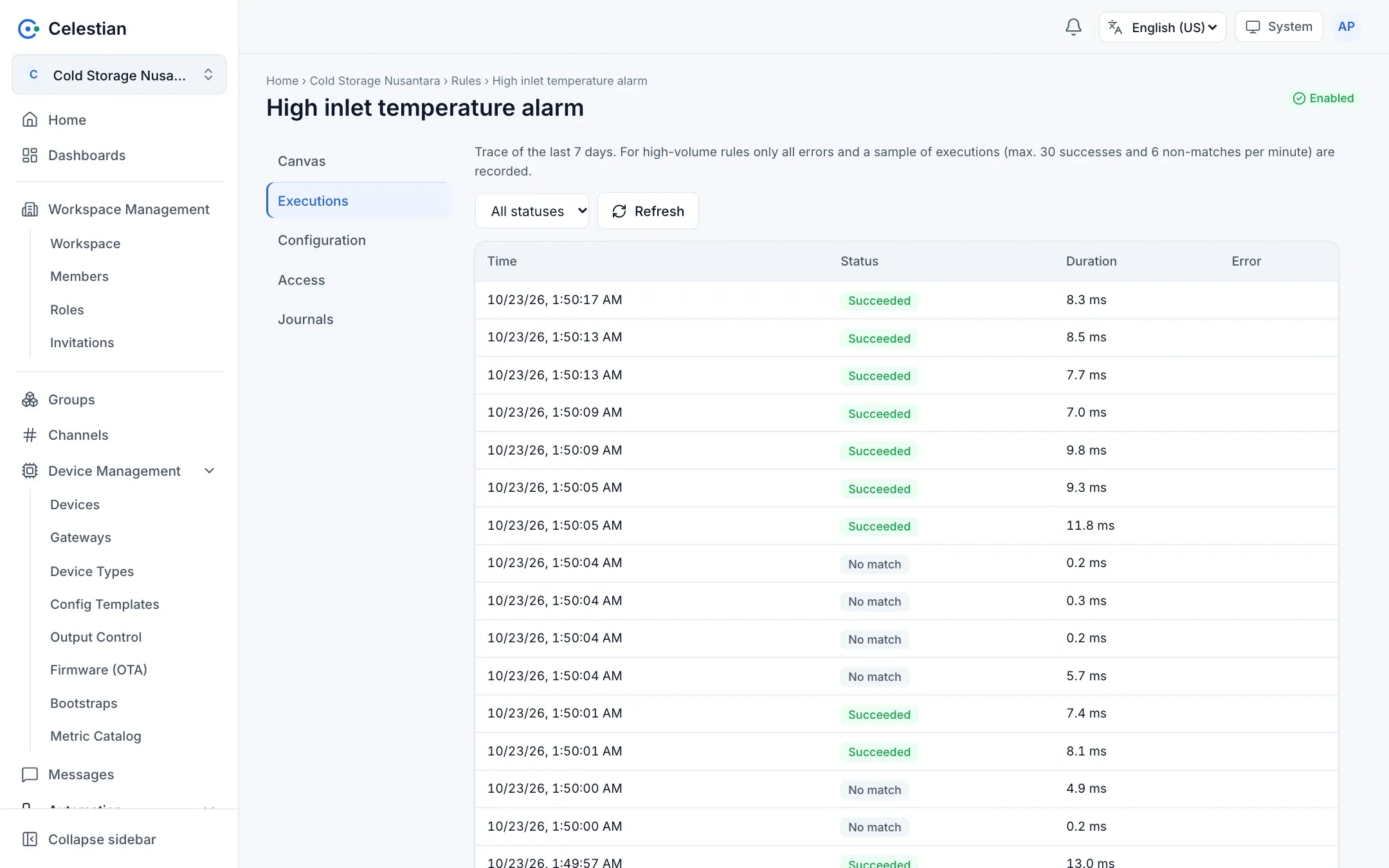 The Executions tab with the rule execution trace: time, status, and duration.