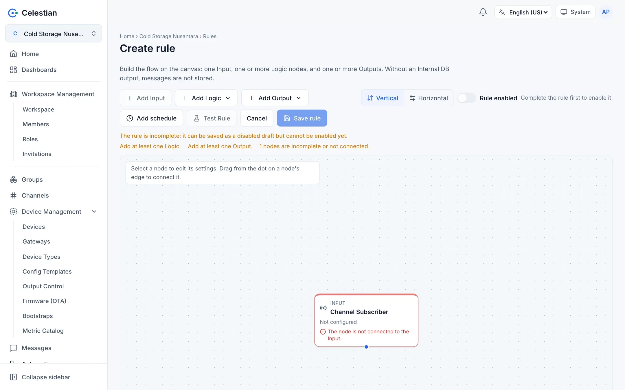 The editor for a new rule: an empty canvas with the Add Input, Logic, Output toolbar.