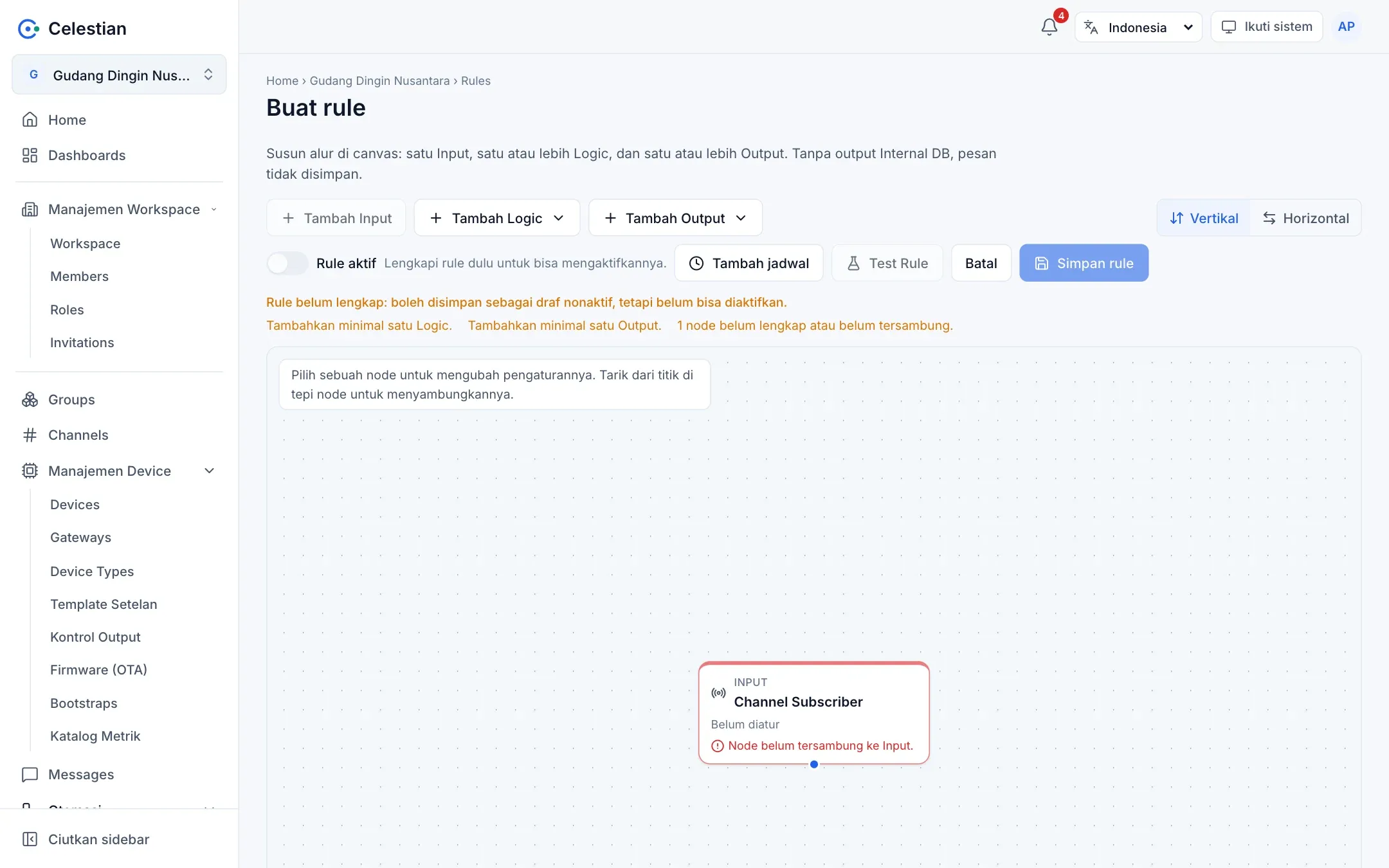 Editor rule baru: kanvas kosong dengan toolbar Tambah Input, Logic, Output.