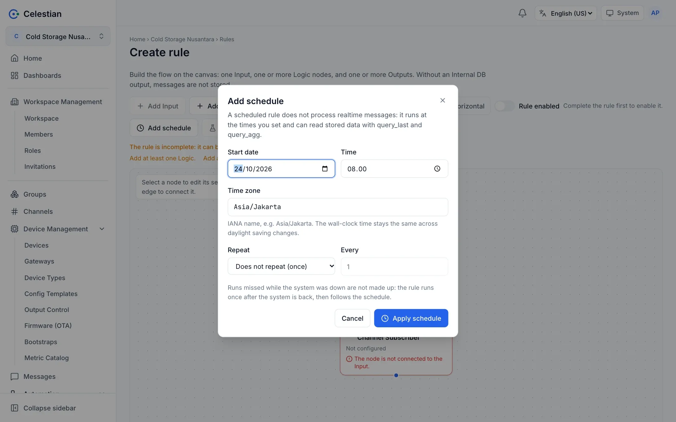 The Add schedule dialog: start date, time, time zone, repeat, and every.