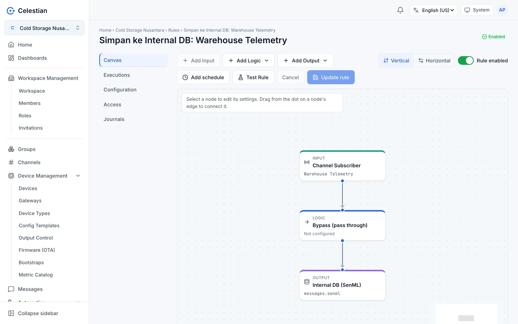 The standard storage rule: Channel Subscriber, Bypass, and Internal DB (SenML).