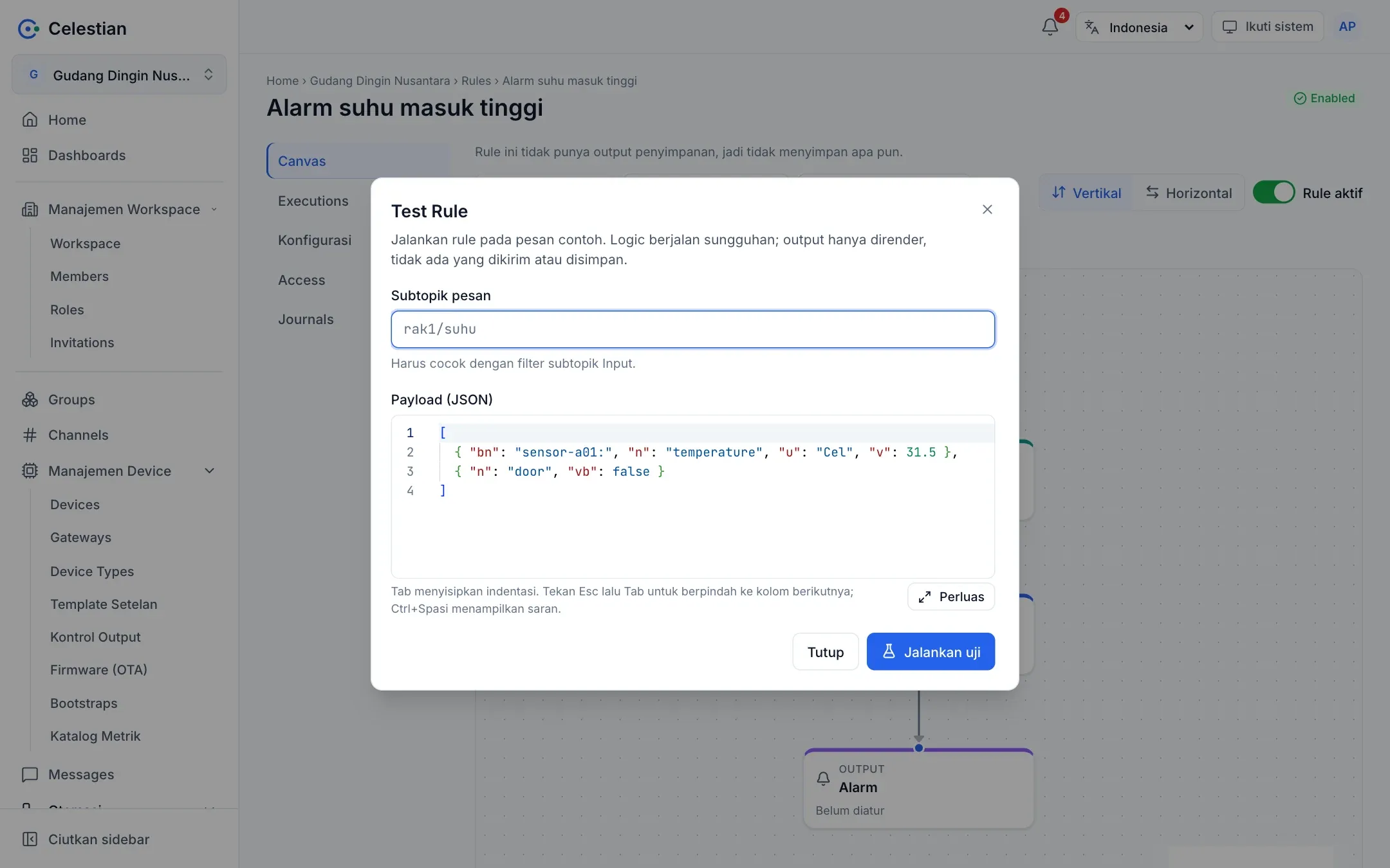 Dialog Test Rule dengan payload contoh dan hasil per node.