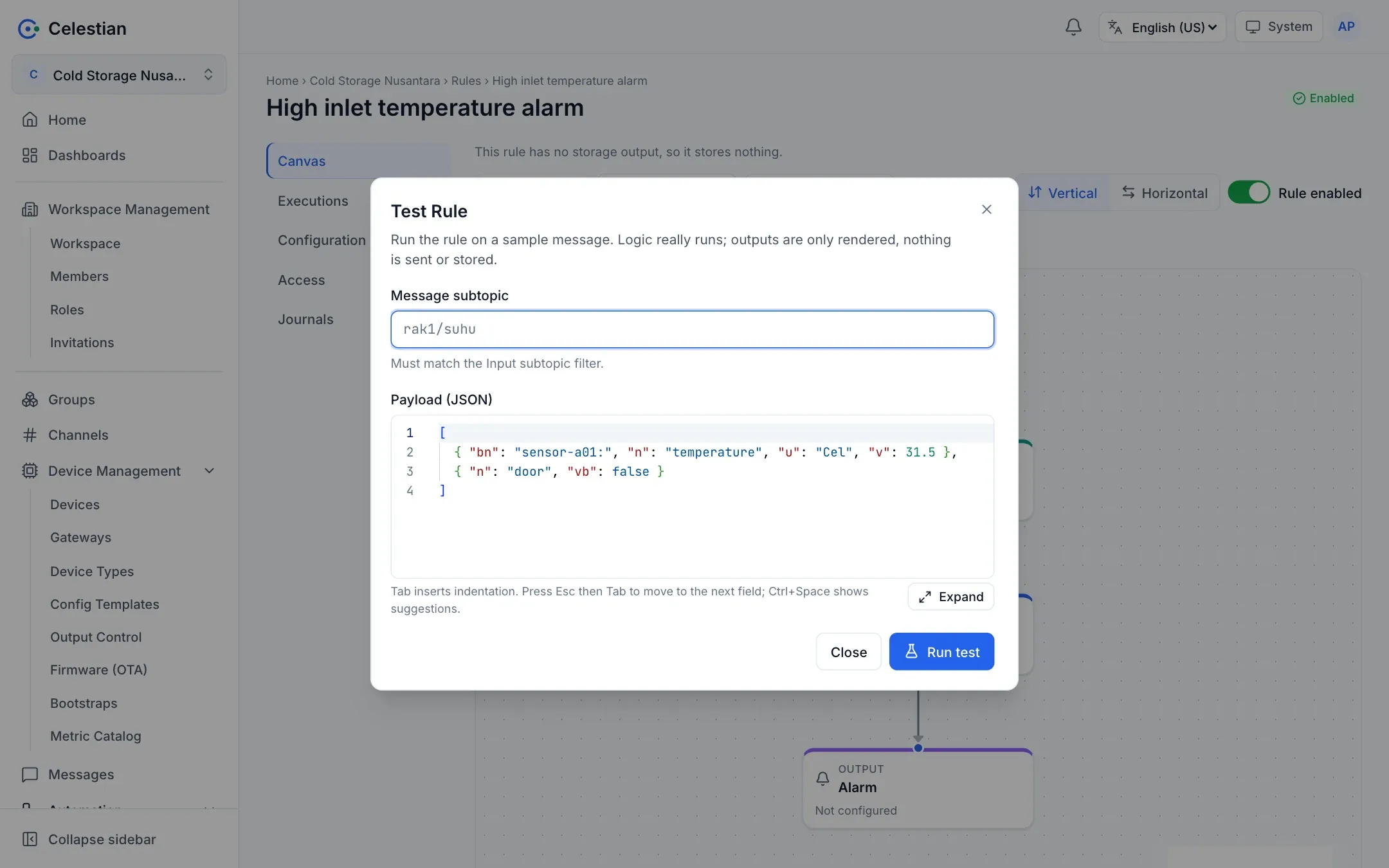 The Test Rule dialog with a sample payload and results per node.