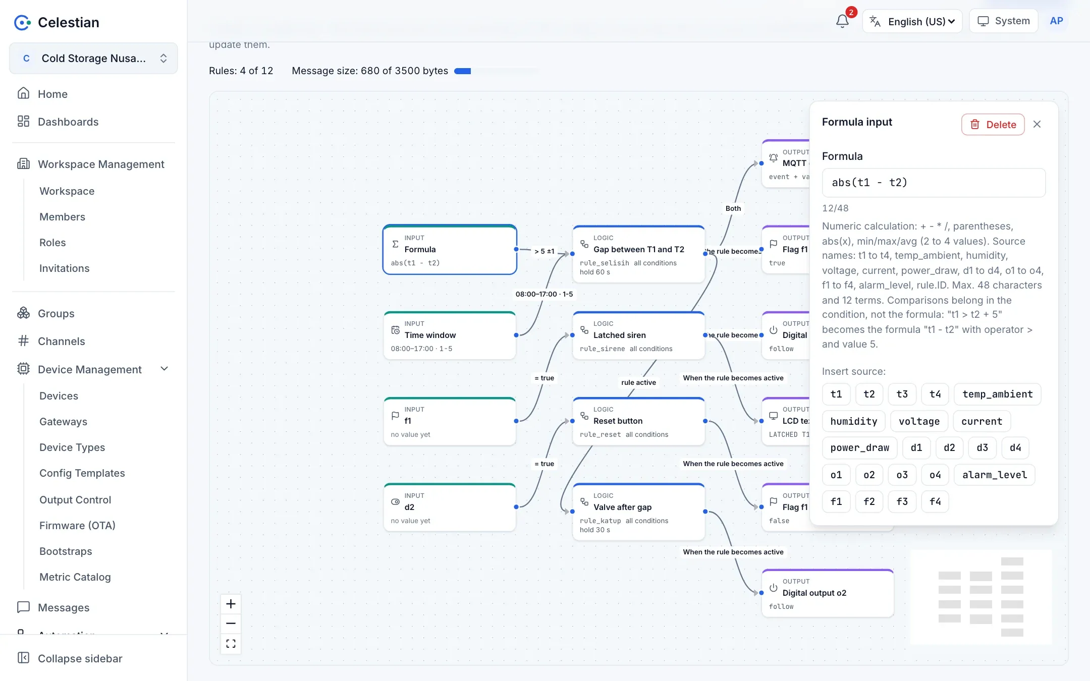 The properties panel of a Formula node with the formula field, an explanation, and source insert buttons.
