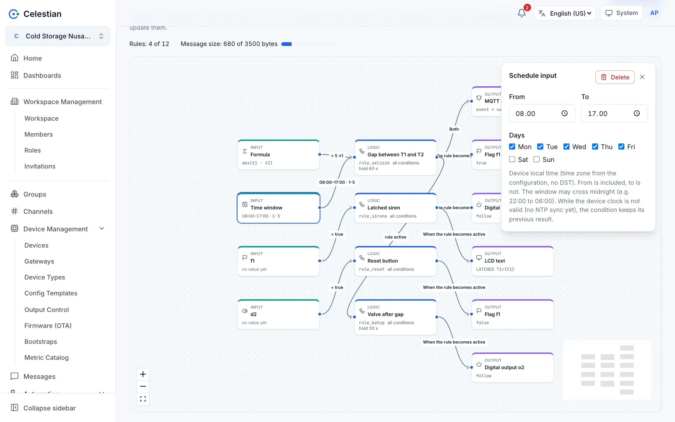 The properties panel of a Schedule node with the start and end times and the day selection.