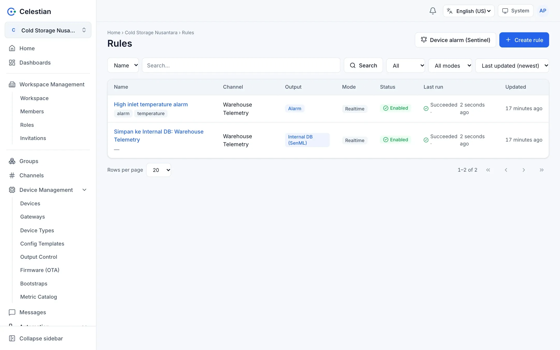 The rule list with Status, Mode, and last run columns.